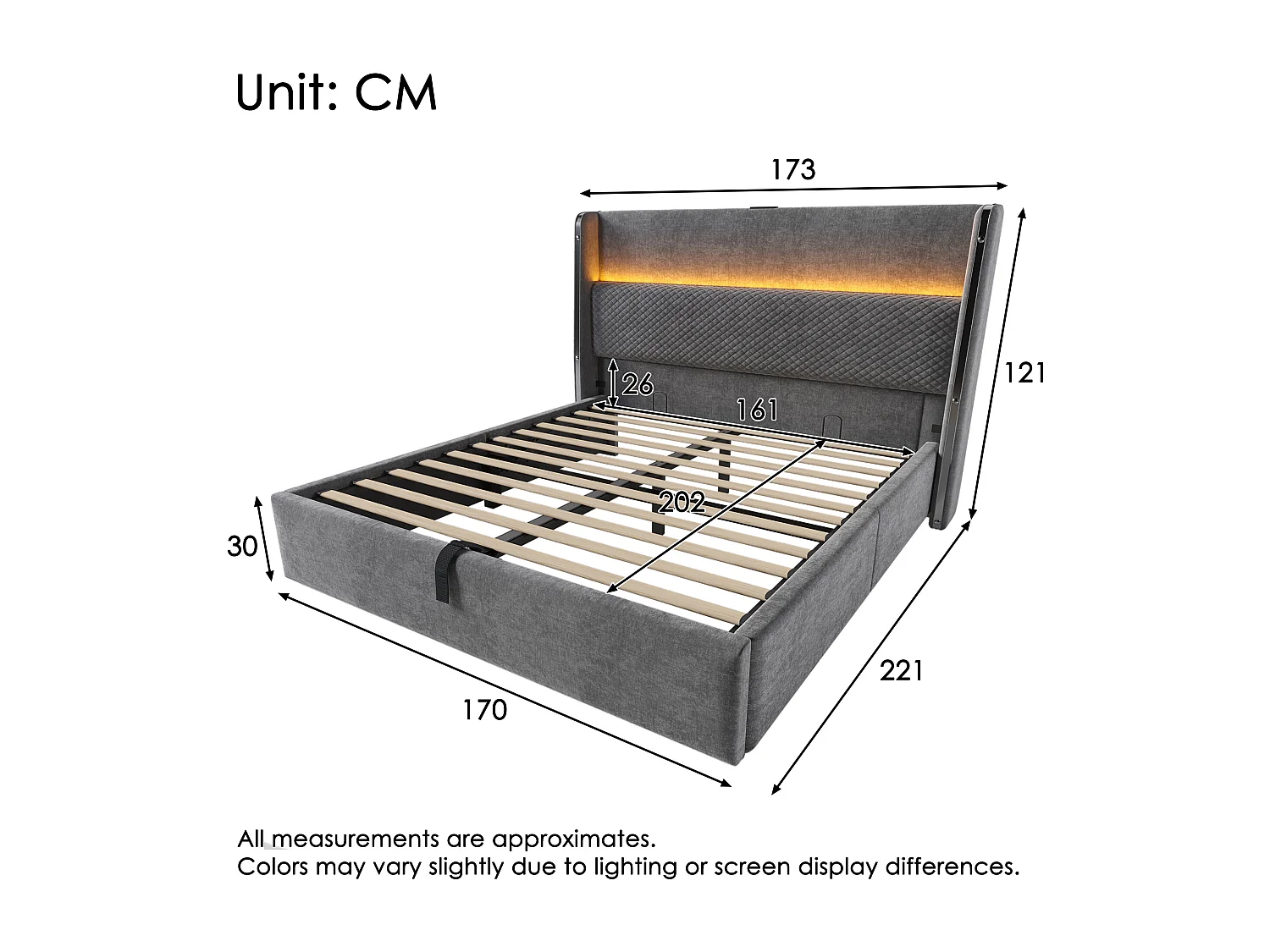 Stauraumbett 160x200 cm Erwachsenenbett mit LED und USB-Anschluss, gepolstertes Kopfteil - grau Leinen (ohne Matratze)
