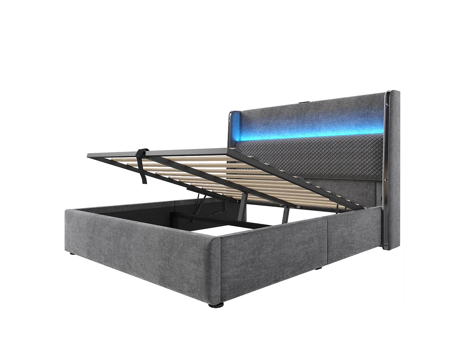 Stauraumbett 160x200 cm Erwachsenenbett mit LED und USB-Anschluss, gepolstertes Kopfteil - grau Leinen (ohne Matratze)