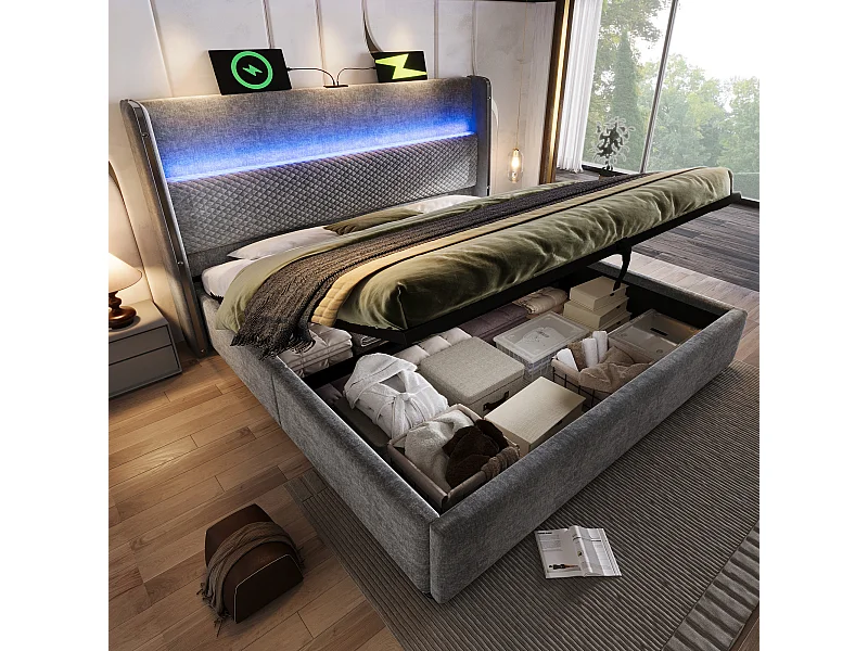 Stauraumbett 160x200 cm Erwachsenenbett mit LED und USB-Anschluss, gepolstertes Kopfteil - grau Leinen (ohne Matratze)
