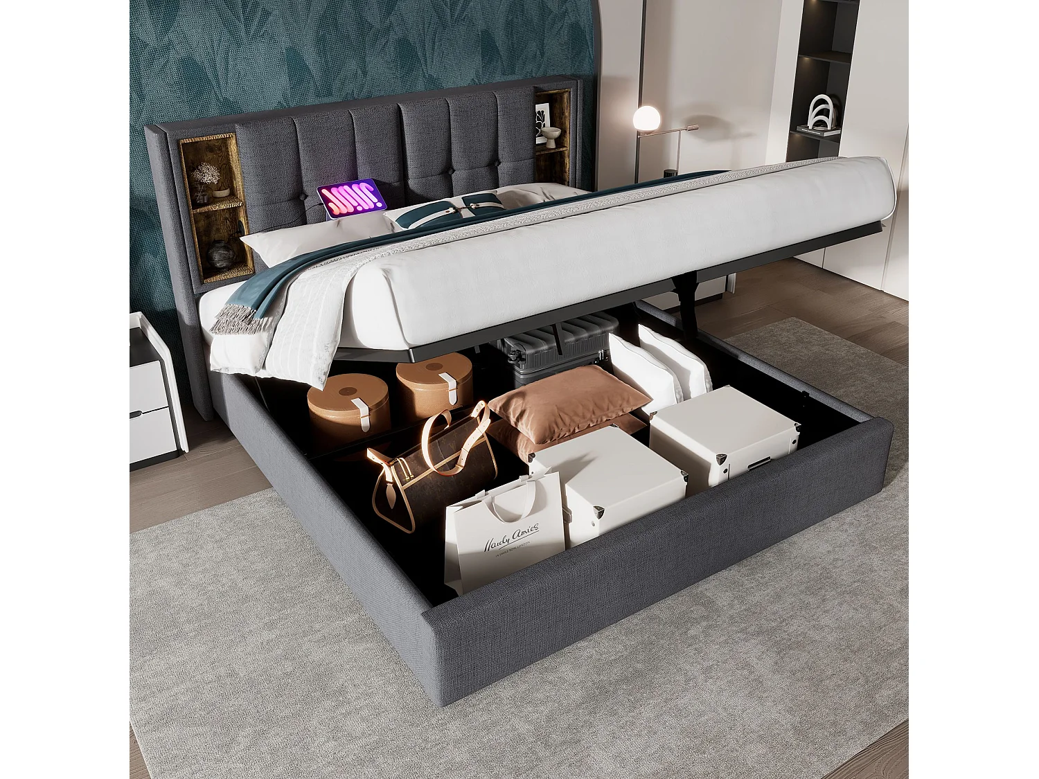 Lit coffre 160x200 cm - avec tête de lit avec rangement, USB, Type-C, sommier à lattes - gris - sans matelas