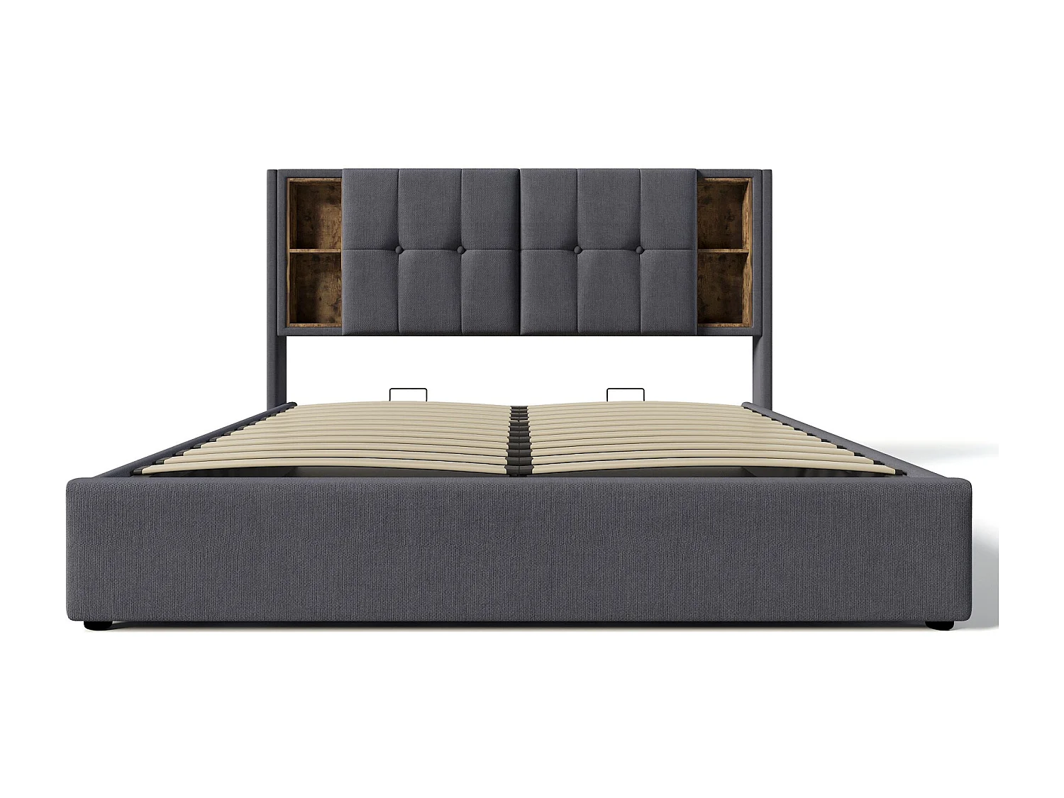 Lit coffre 160x200 cm - avec tête de lit avec rangement, USB, Type-C, sommier à lattes - gris - sans matelas