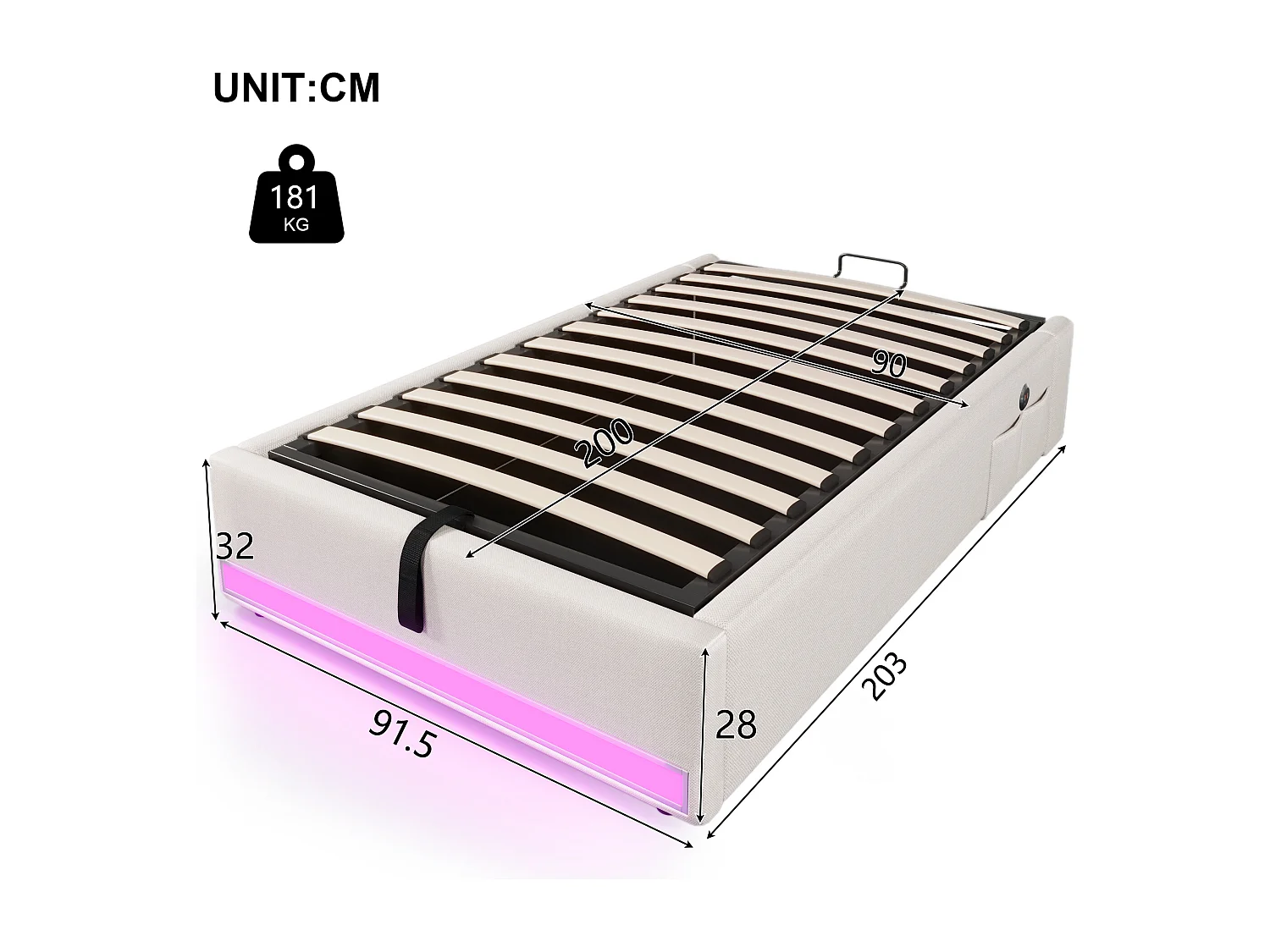Cama con almacenaje 90 x 200 cm Cama infantil con iluminación LED y USB, sin cabecero - Lino beige (sin colchón)