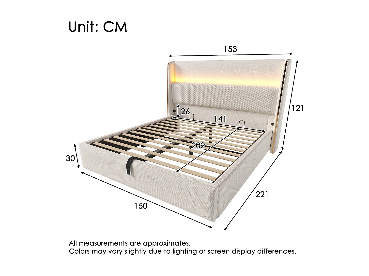 Opbergbed 140x200 cm Volwassen bed met LED en USB-aansluiting, gewatteerd hoofdeinde - beige linnen (met matras)