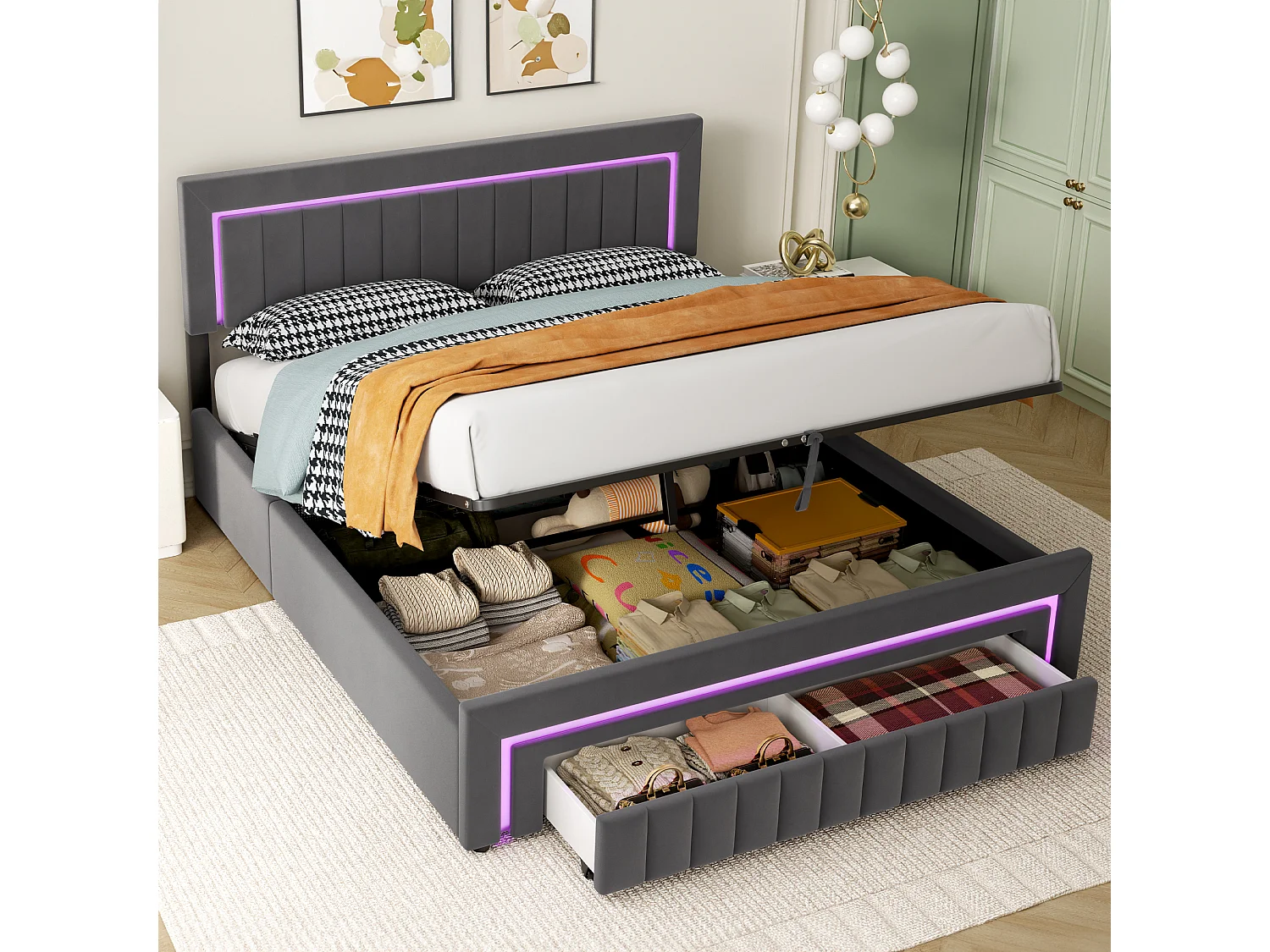 Polsterbett 160x200 cm aus dunkelgrauem Samt mit LED und Stauraumschubladen, mit Boden