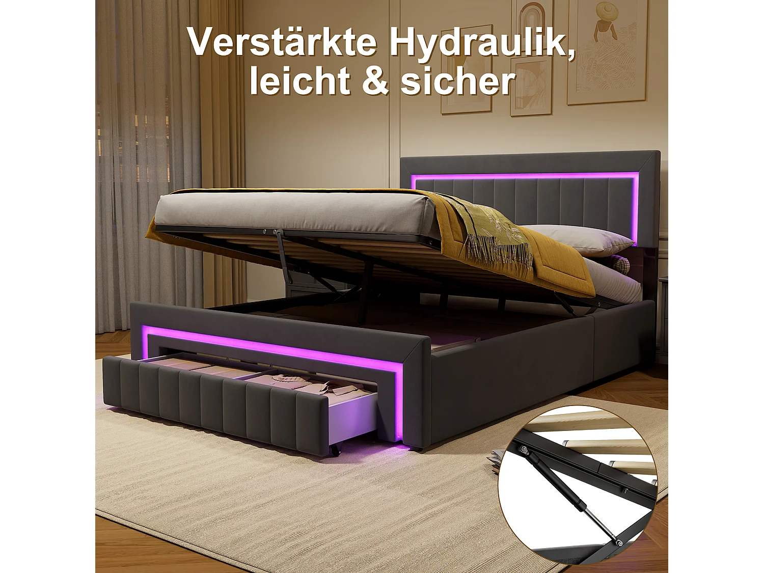 Polsterbett 160x200 cm aus dunkelgrauem Samt mit LED und Stauraumschubladen, mit Boden