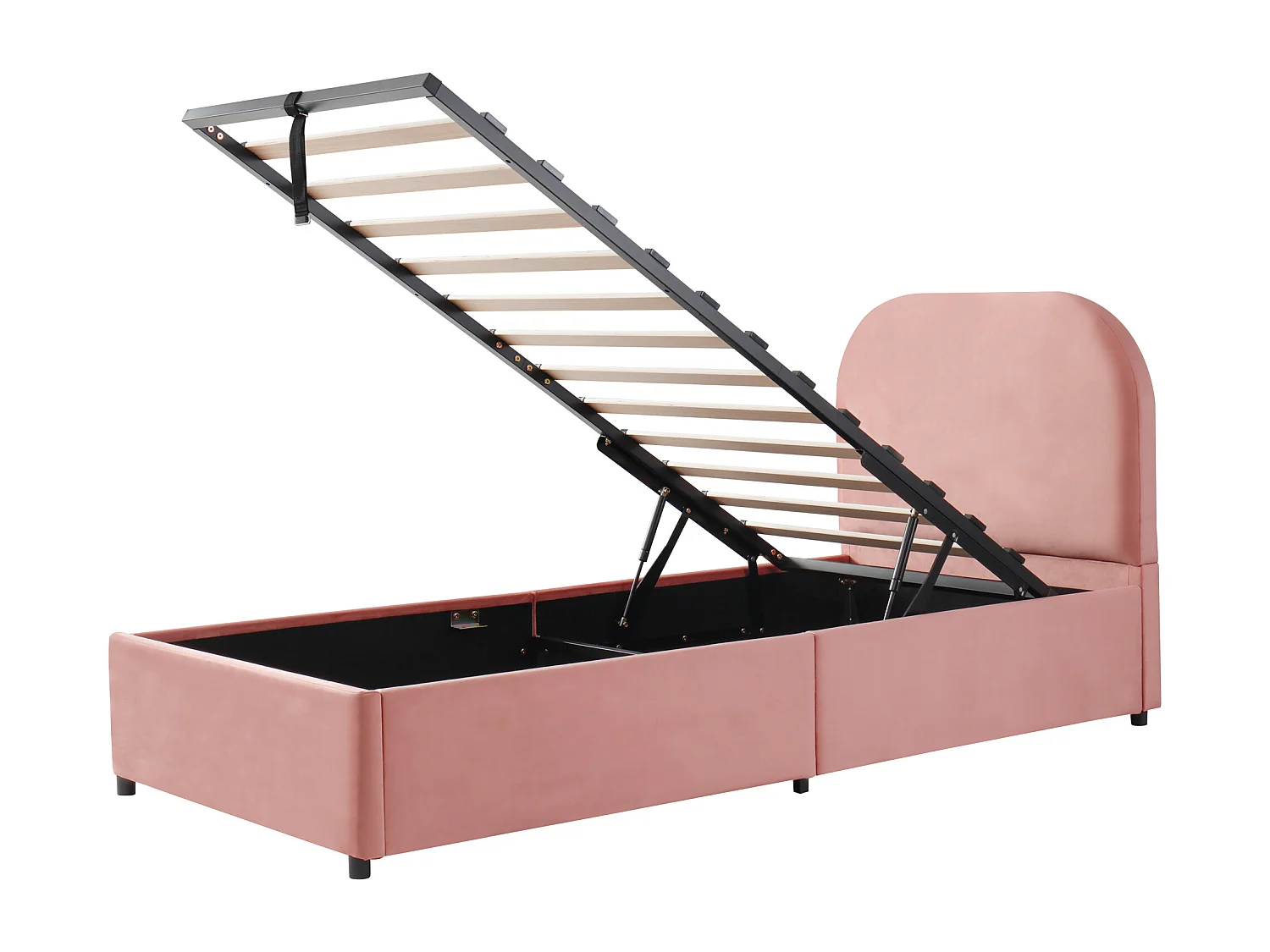 Stauraumbett 90x200 cm, Kinderbett mit gepolstertem Kopfteil und Lattenrost aus Holz - rosa Samt (ohne Matratze)