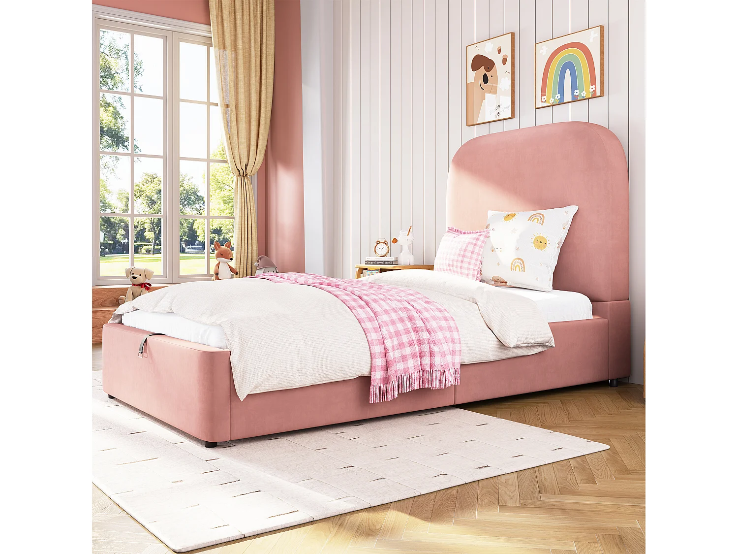 Lit coffre 90x200 cm, lit enfant avec tête de lit rembourrée et sommier à lattes - velours rose (sans matelas)