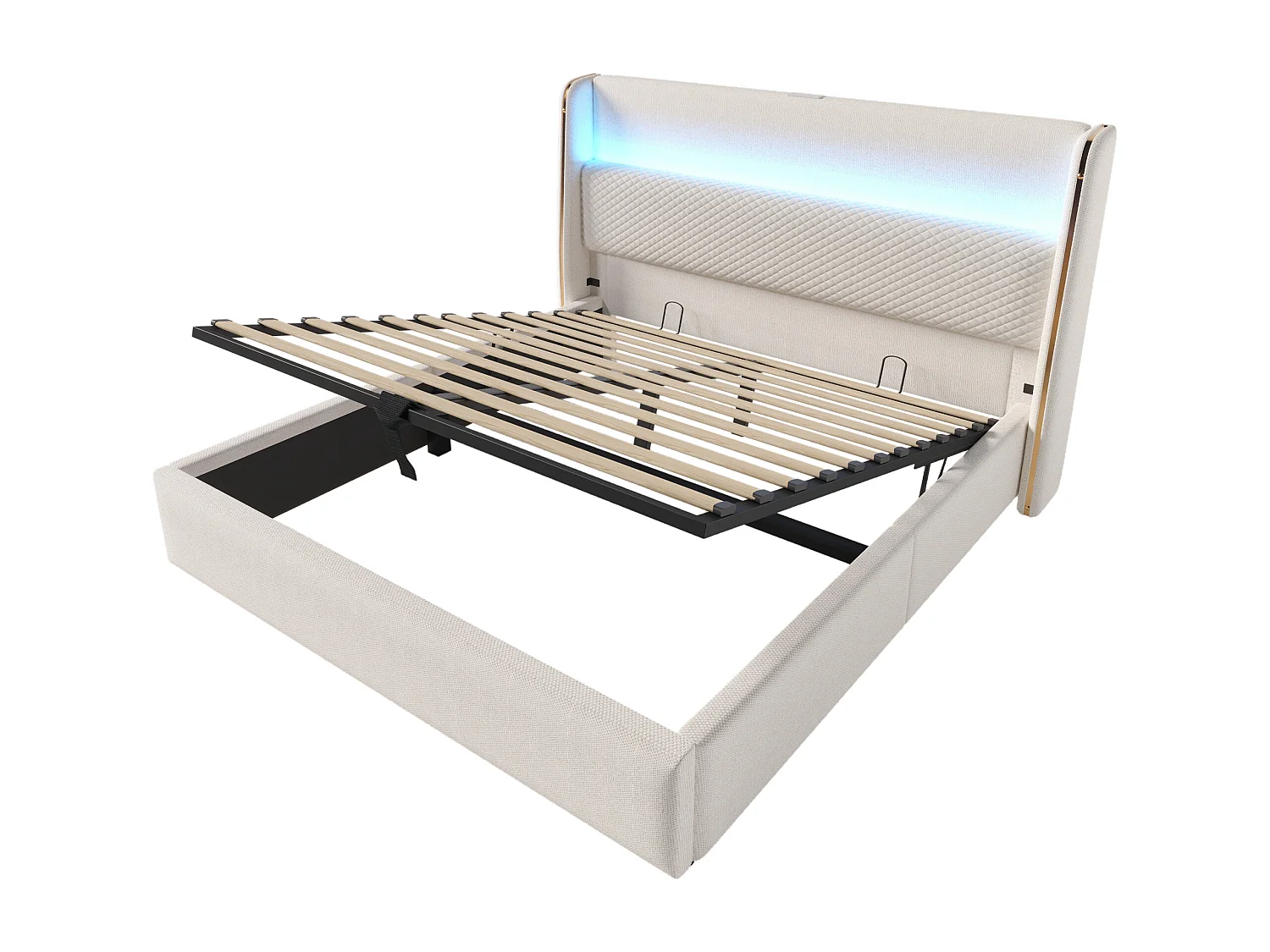 Lit coffre 140x200 cm Lit adulte avec LED et port USB, tête de lit capitonnée - Lin beige (sans matelas)