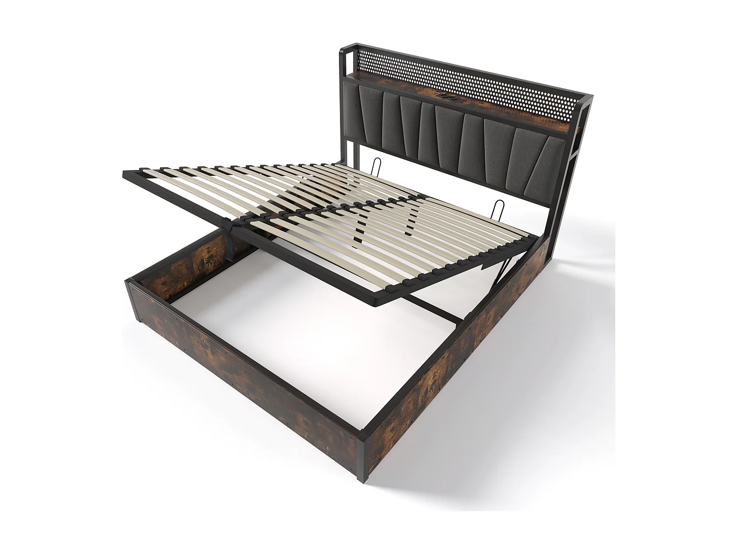 Lit coffre 140x200 cm - avec tête de lit, LED, USB, étagères, sommier à lattes - en lin - gris - matelas inclus