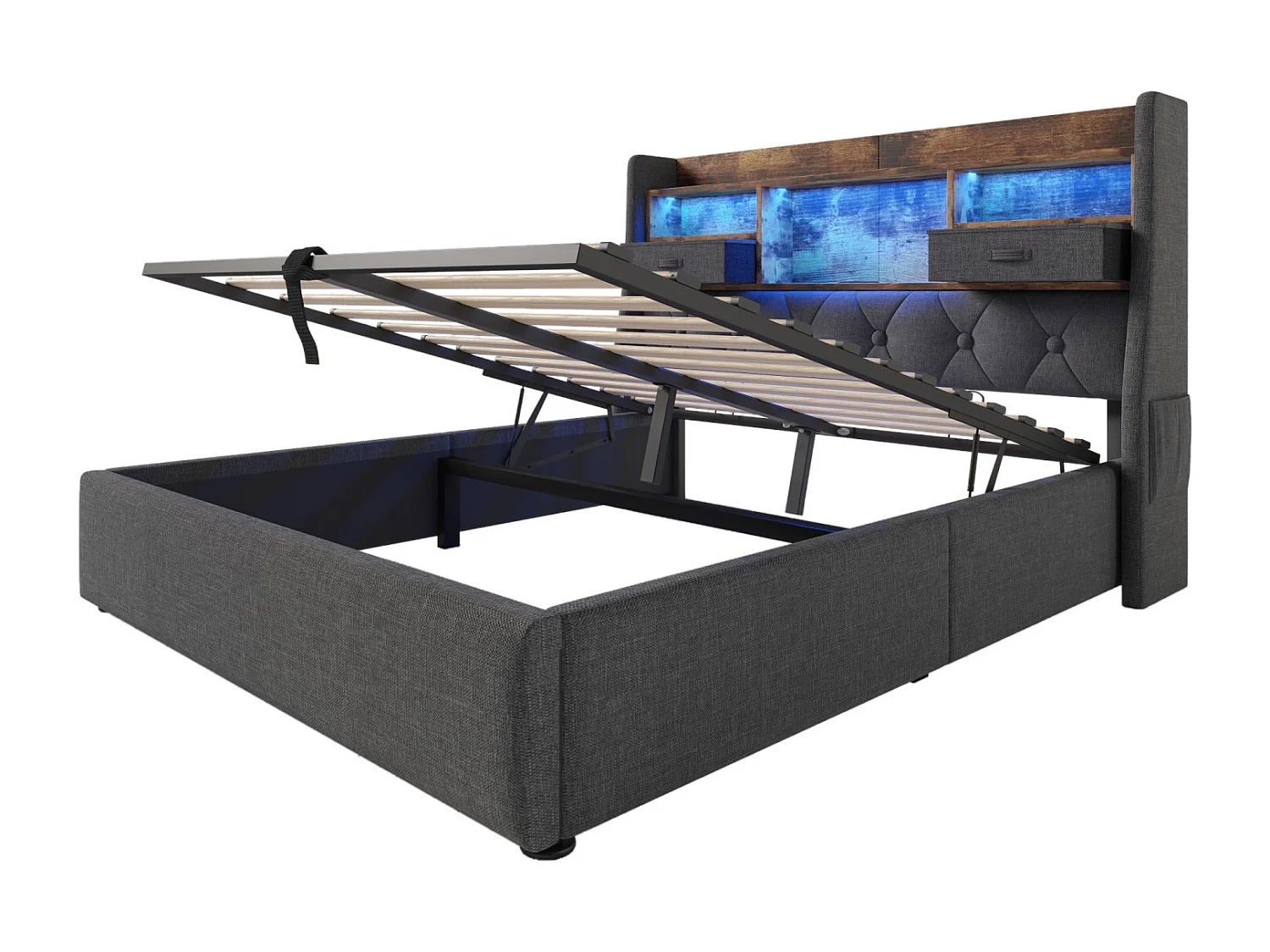 Cama con almacenaje 140 x 200 cm Cama adultos con puerto USB y luces LED, cabecero con canapé - Lino gris (sin colchón)