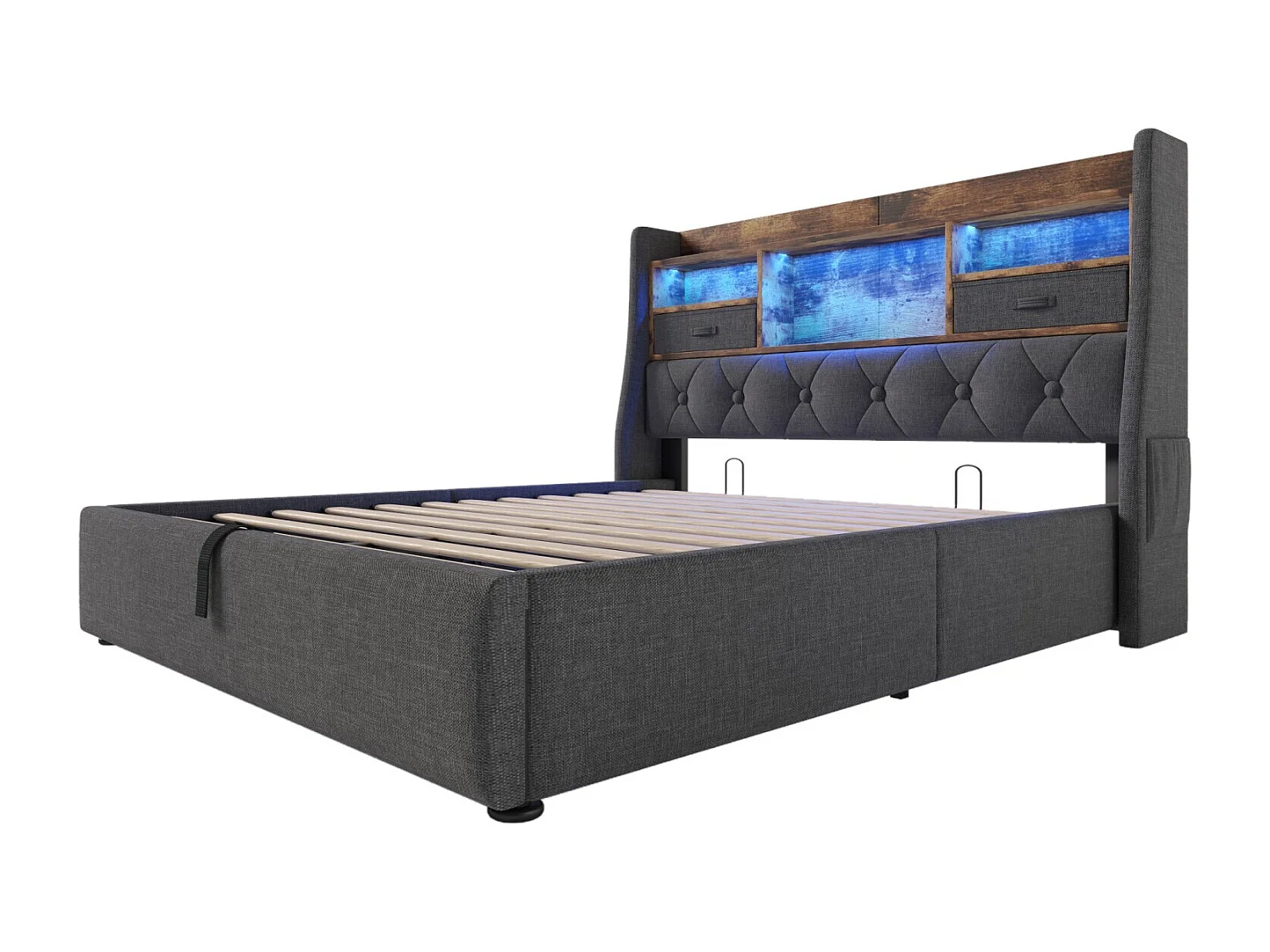 Cama con almacenaje 140 x 200 cm Cama adultos con puerto USB y luces LED, cabecero con canapé - Lino gris (sin colchón)