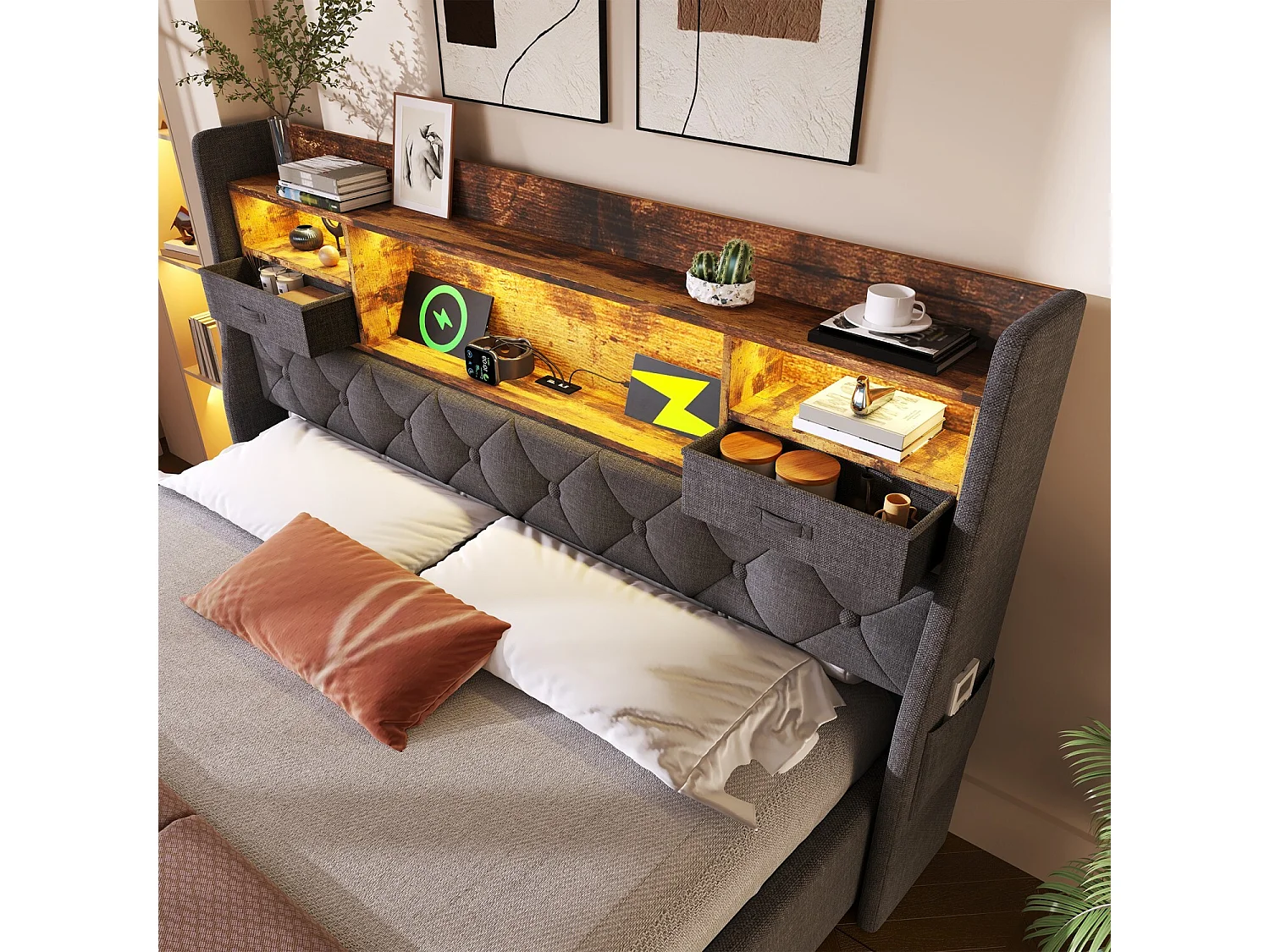 Cama con almacenaje 140 x 200 cm Cama adultos con puerto USB y luces LED, cabecero con canapé - Lino gris (sin colchón)