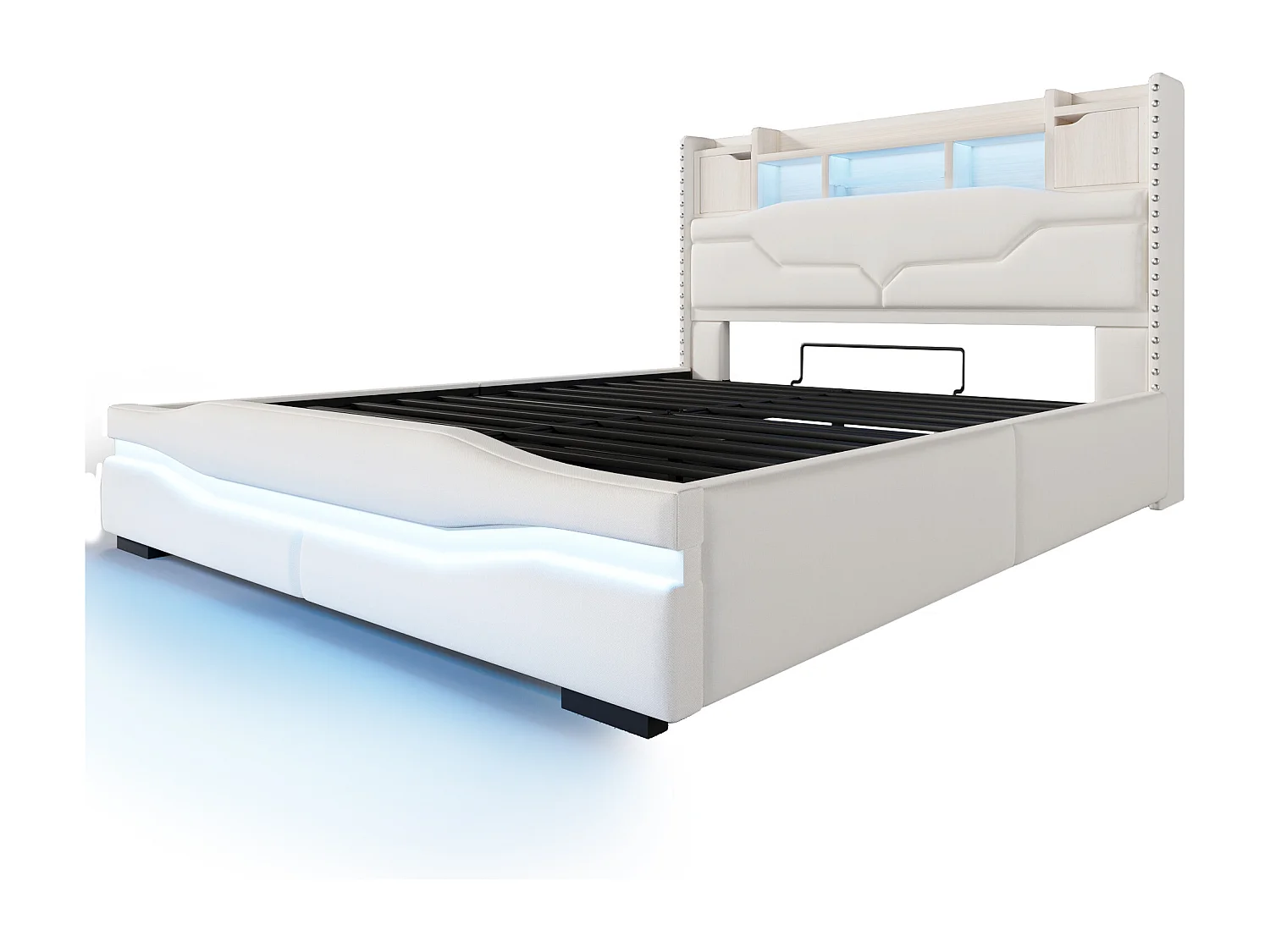 Cama con almacenaje de 160x200 cm, cama para adultos con USB e LED, cabecero con almacenaje - Lino beige (sin colchón)