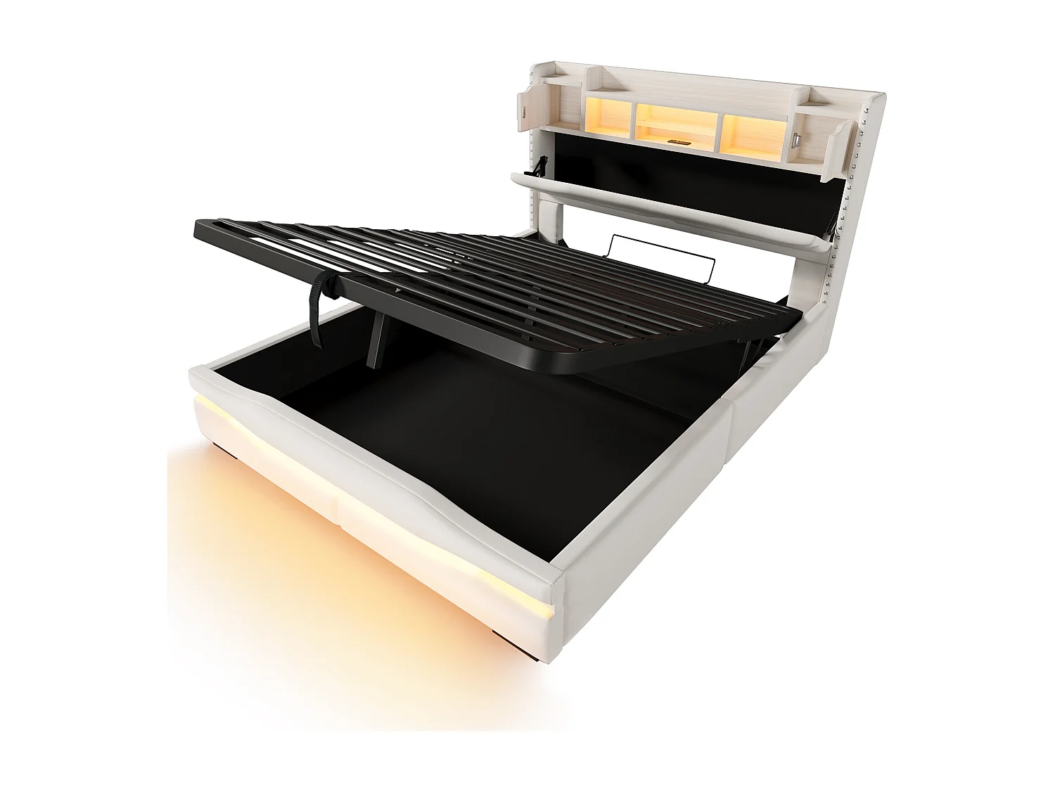 Cama con almacenaje de 160x200 cm, cama para adultos con USB e LED, cabecero con almacenaje - Lino beige (sin colchón)