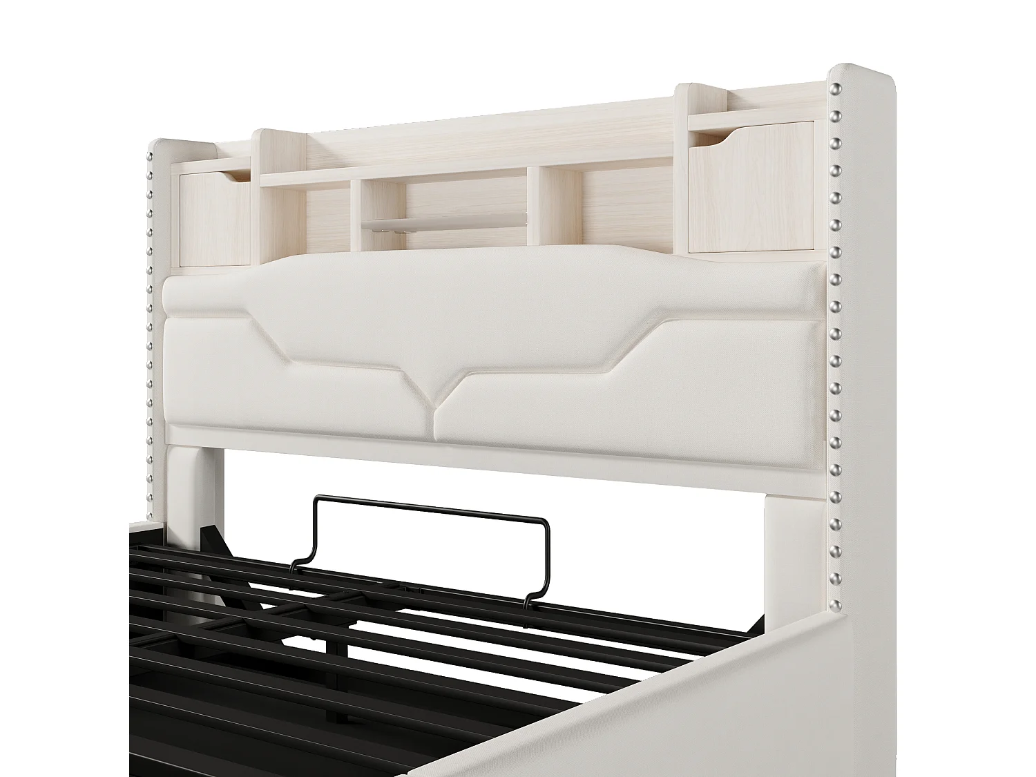 Cama con almacenaje de 160x200 cm, cama para adultos con USB e LED, cabecero con almacenaje - Lino beige (sin colchón)