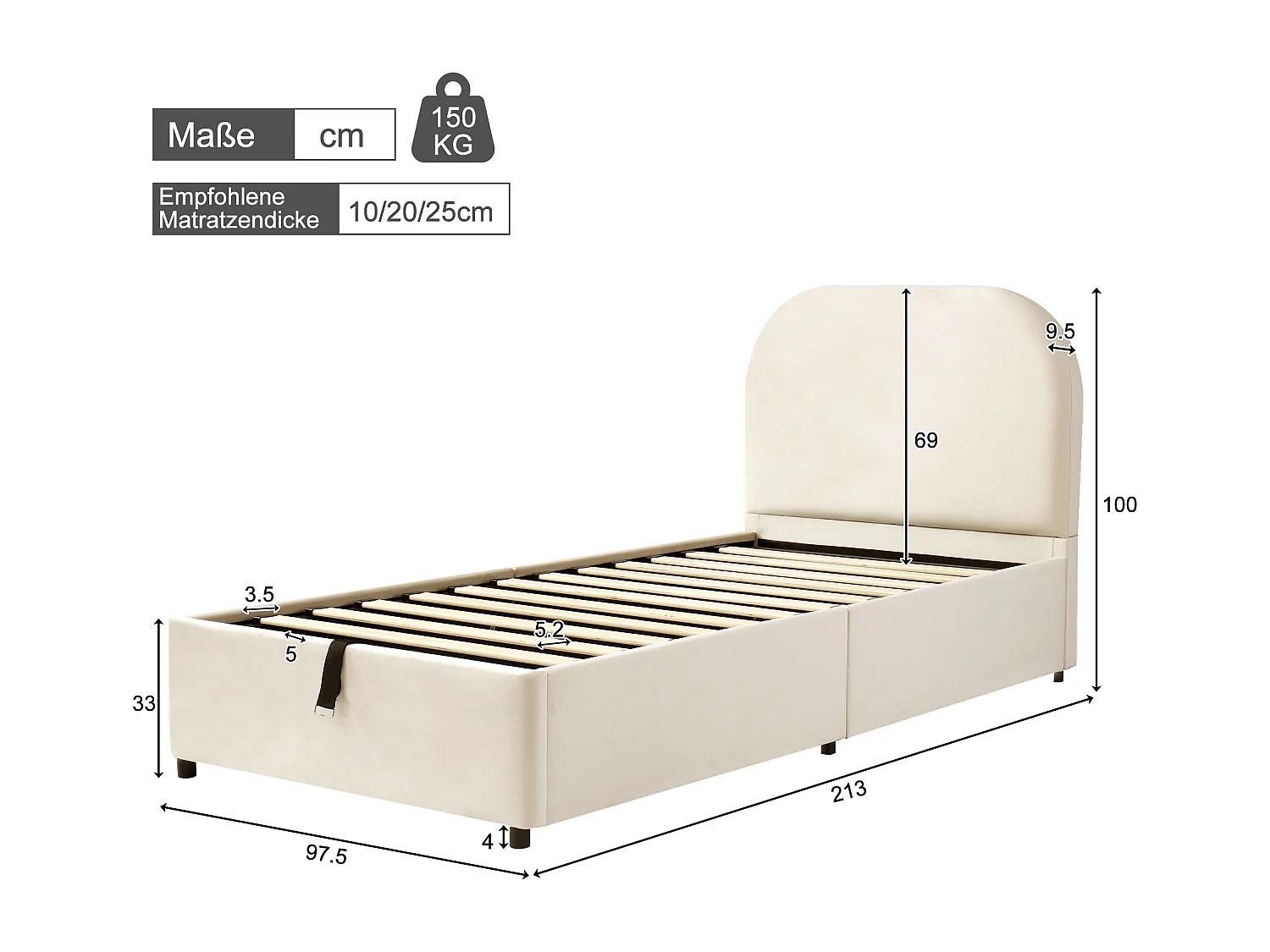 Cama con almacenaje de 90x200 cm, cama infantil con cabecero y somier de láminas - terciopelo beige (sin colchón)