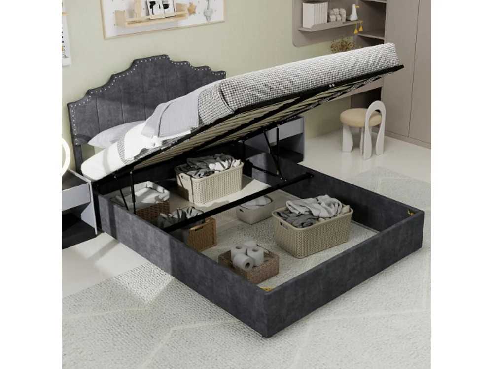 Cama con almacenaje 160x200 cm con cabecero acolchado y somier de láminas - terciopelo - gris (sin colchón)