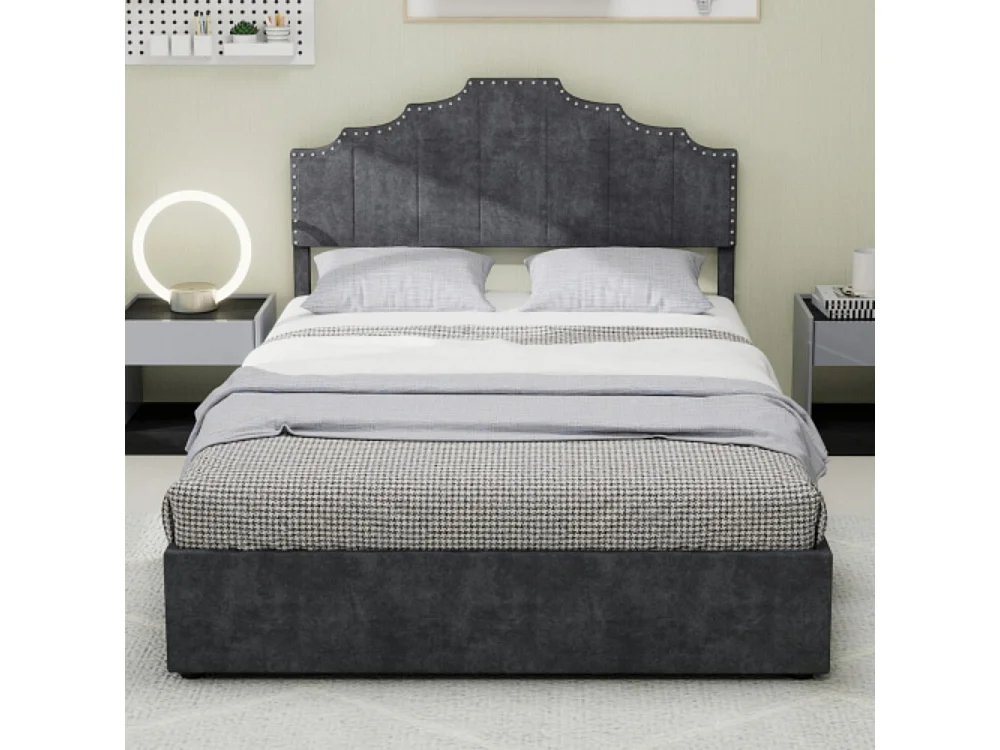 Cama con almacenaje 160x200 cm con cabecero acolchado y somier de láminas - terciopelo - gris (sin colchón)