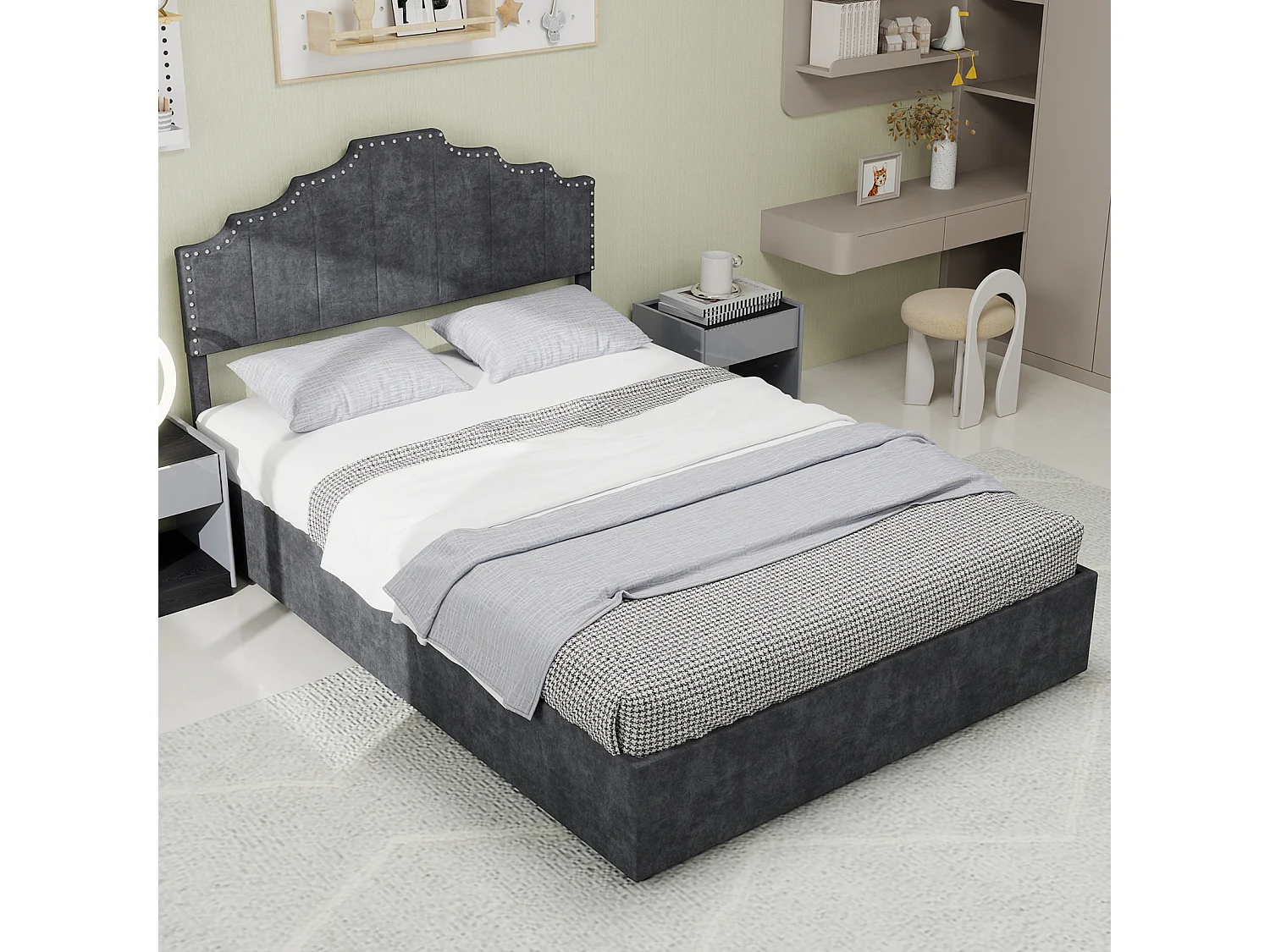 Cama con almacenaje 160x200 cm con cabecero acolchado y somier de láminas - terciopelo - gris (sin colchón)