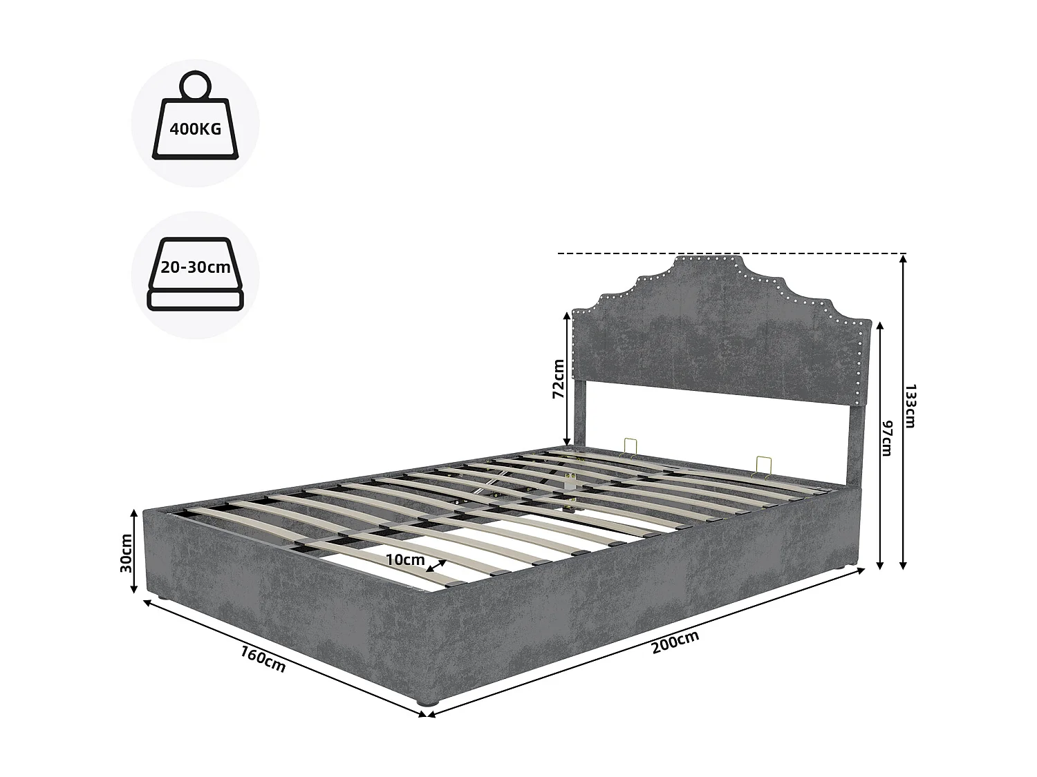 Lit coffre 160x200 cm, lit adulte avec tête de lit souple et sommier à lattes - velours - gris (sans matelas)