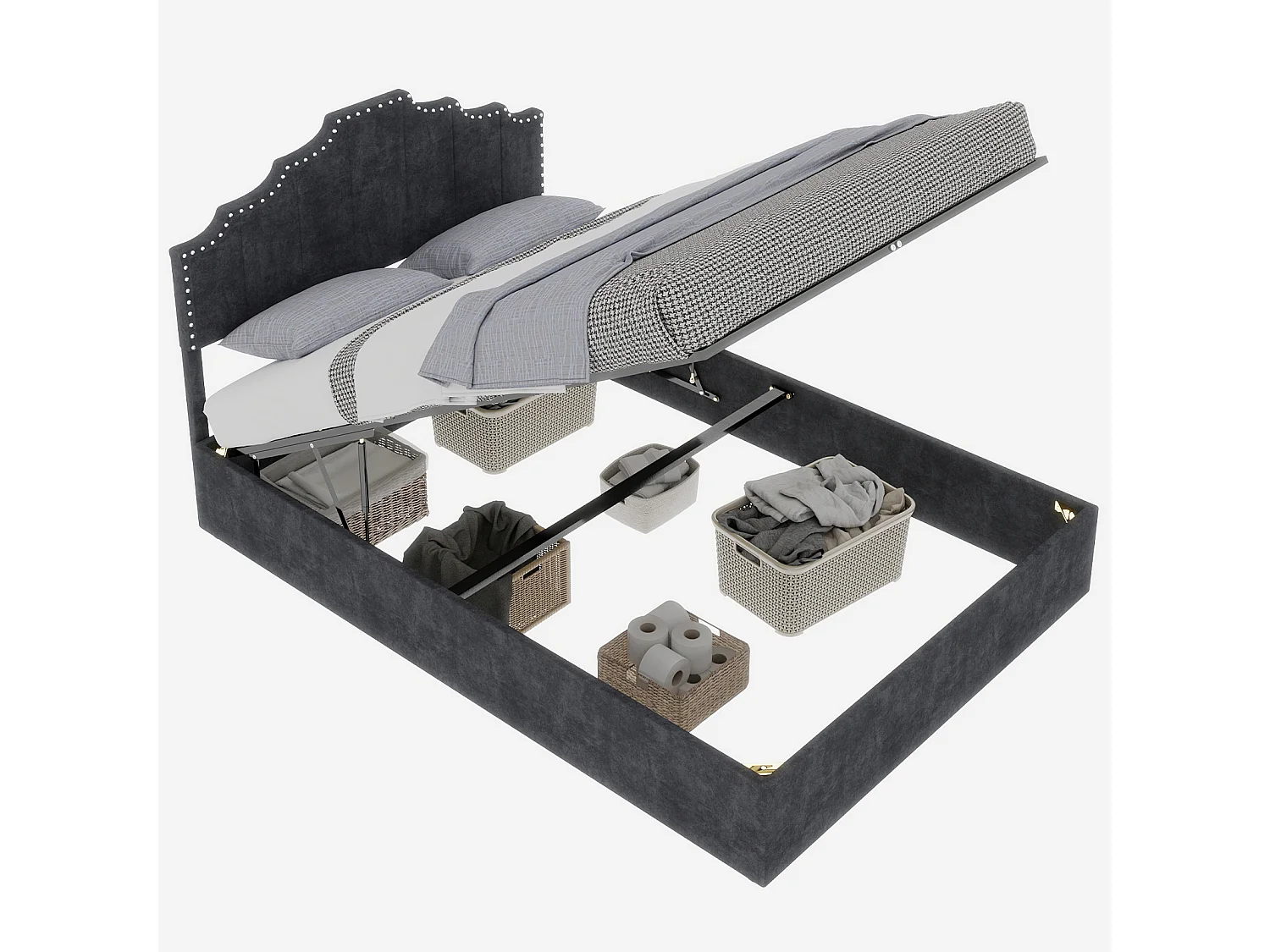 Lit coffre 160x200 cm, lit adulte avec tête de lit souple et sommier à lattes - velours - gris (sans matelas)