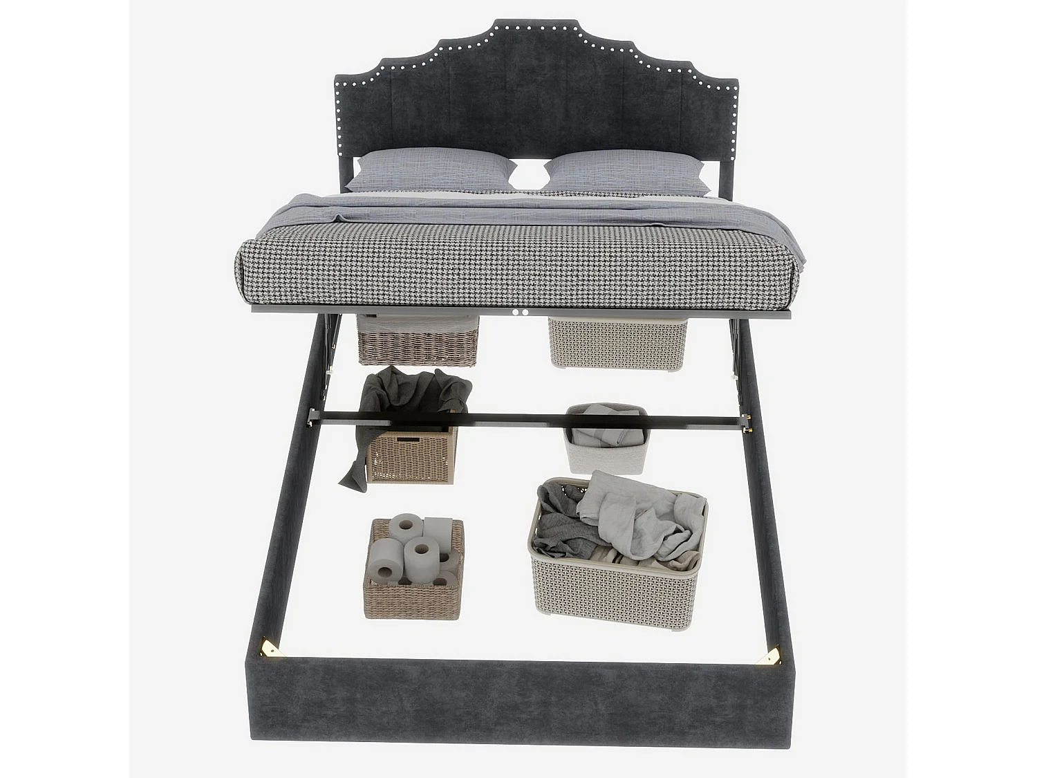 Lit coffre 160x200 cm, lit adulte avec tête de lit souple et sommier à lattes - velours - gris (sans matelas)