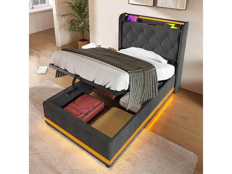 Lit coffre 90x200 cm, lit enfant avec éclairage LED et port USB Type-C - lin gris (sans matelas)