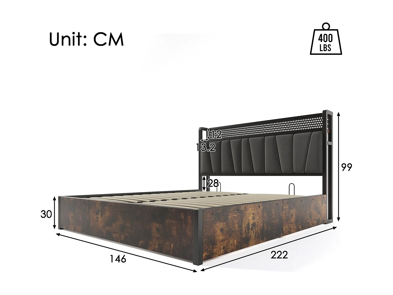 Cama con almacenaje 140x200 cm, cama para adultos con carga USB y luz LED, lino y metal - gris (sin colchón)