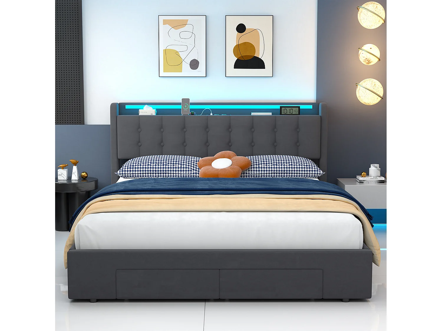 Polsterbett 160x200 cm für Erwachsene mit USB-Anschluss und LED-Licht, 2 Schubladen, Samt, grau