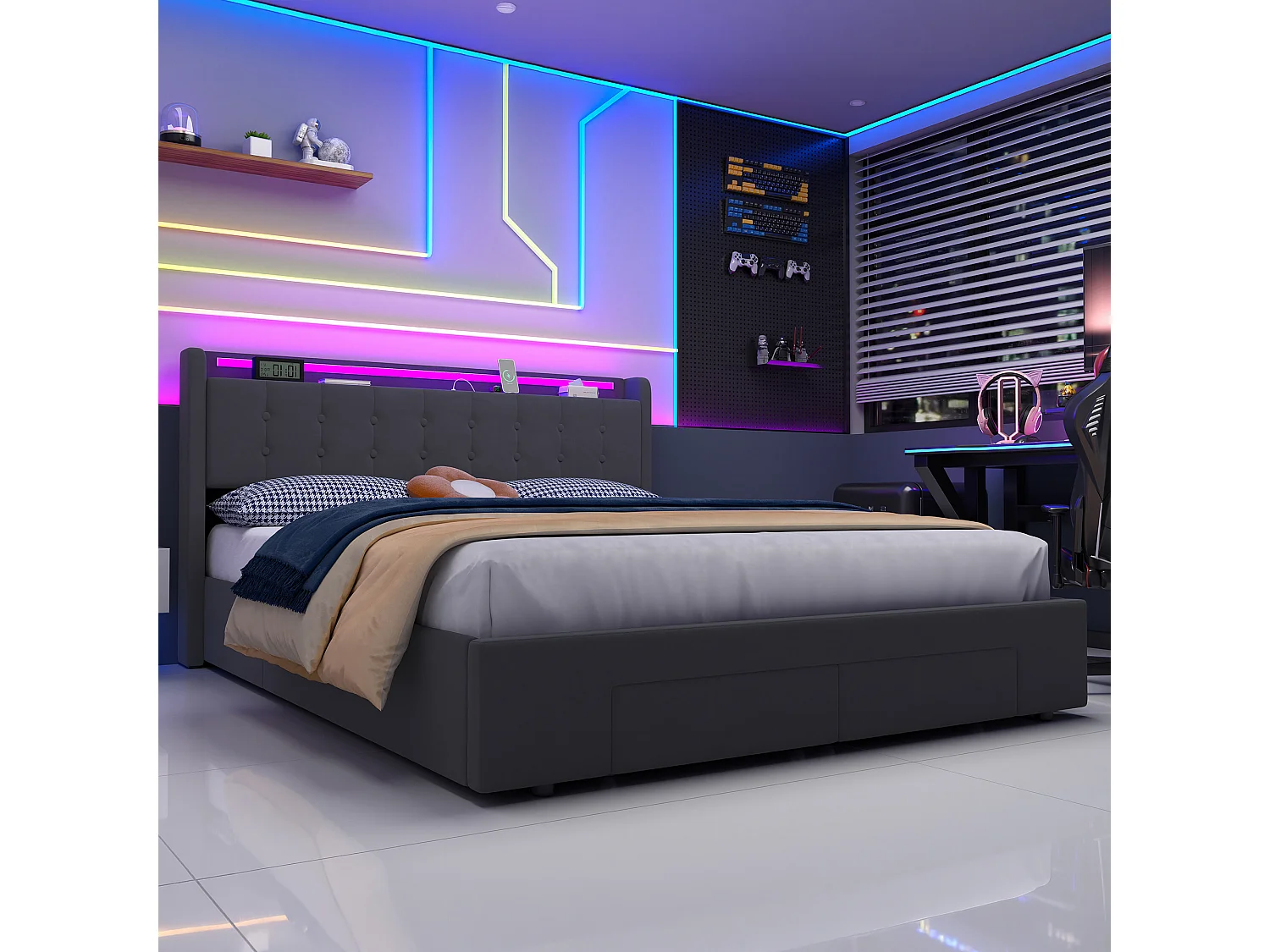 Polsterbett 160x200 cm für Erwachsene mit USB-Anschluss und LED-Licht, 2 Schubladen, Samt, grau