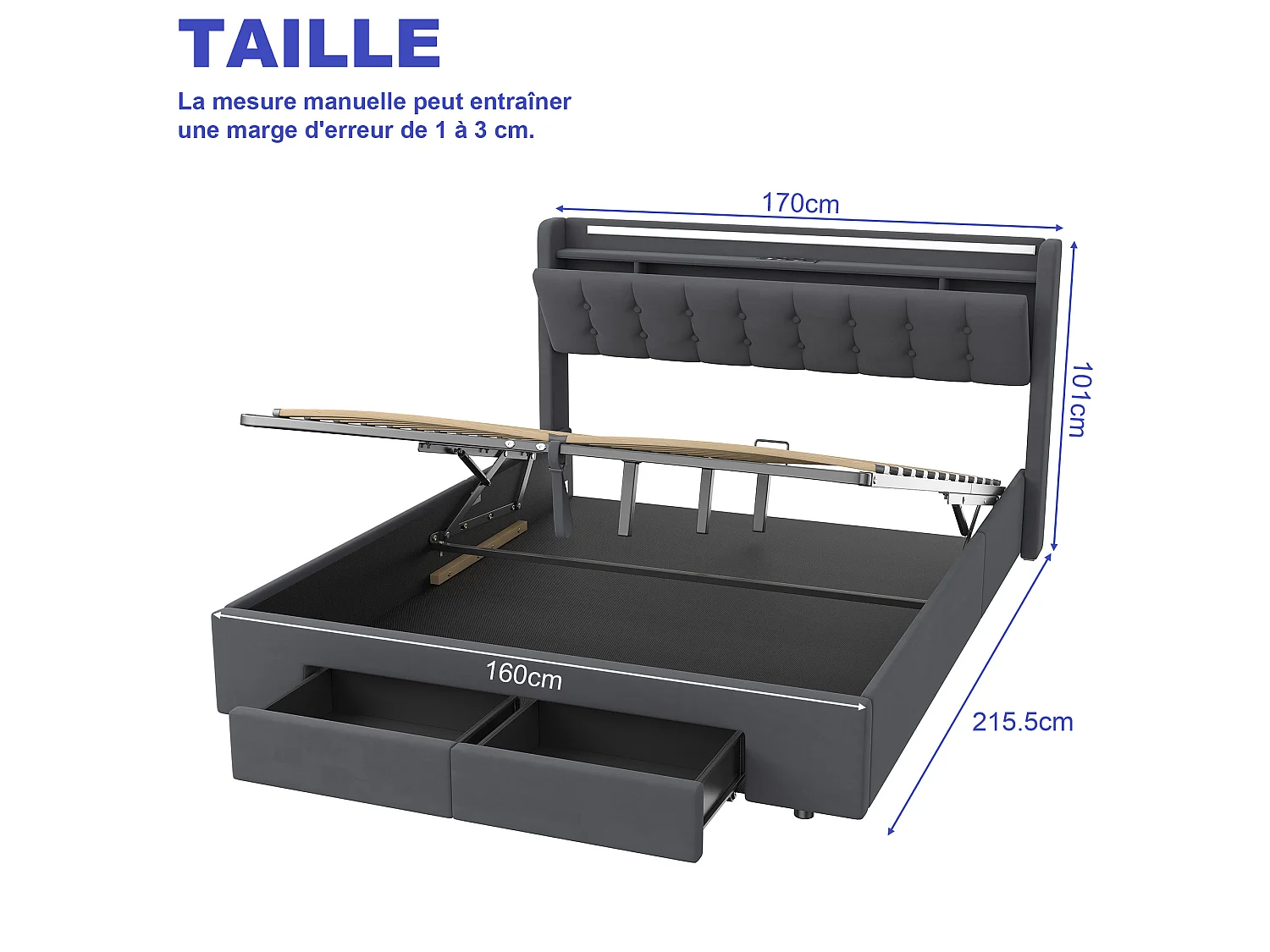 Polsterbett 160x200 cm für Erwachsene mit USB-Anschluss und LED-Licht, 2 Schubladen, Samt, grau
