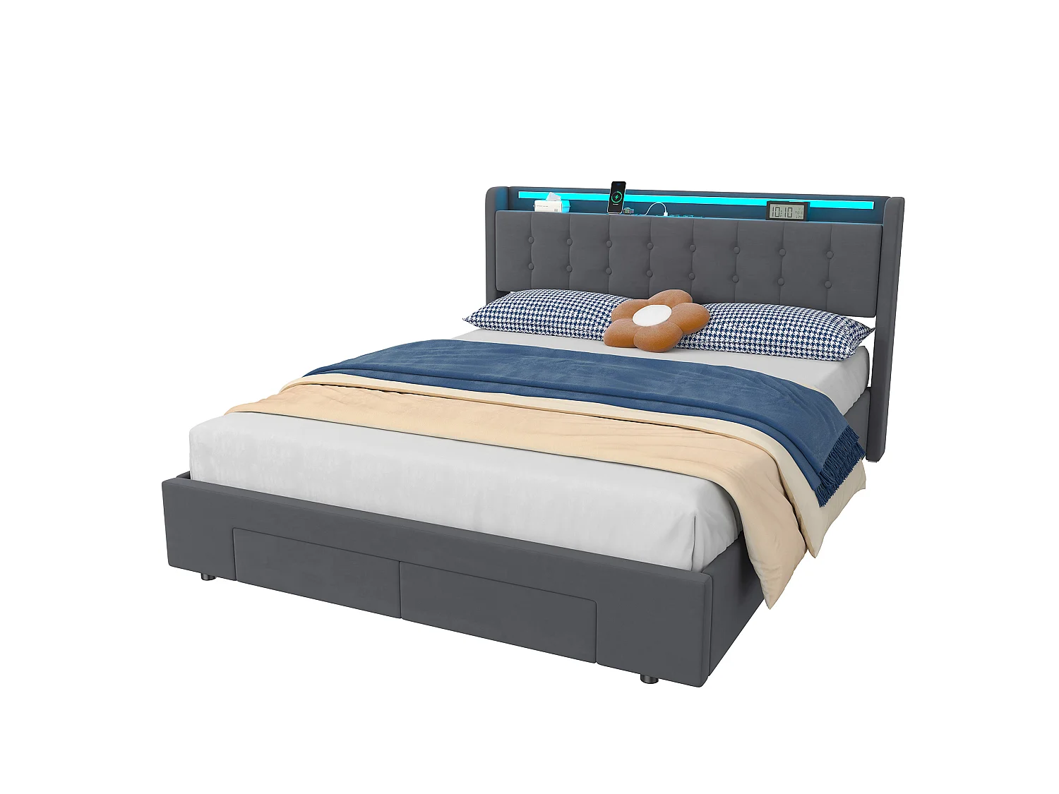Polsterbett 160x200 cm für Erwachsene mit USB-Anschluss und LED-Licht, 2 Schubladen, Samt, grau