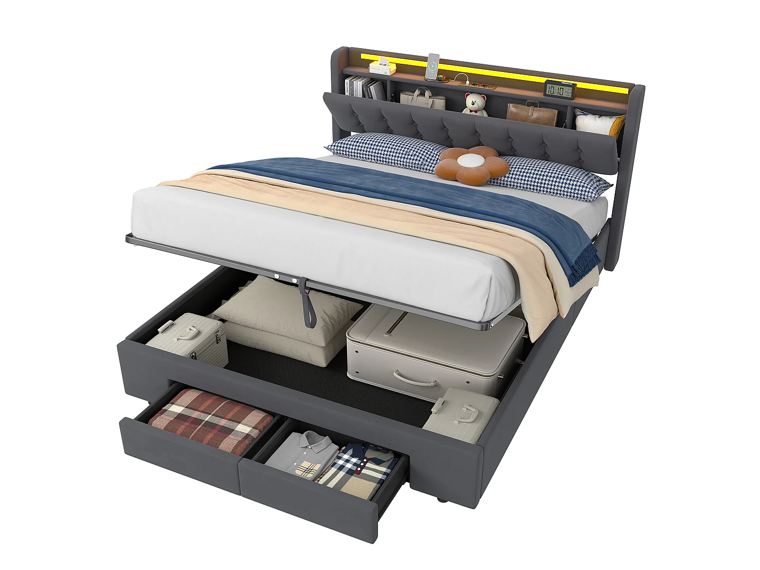 Polsterbett 160x200 cm für Erwachsene mit USB-Anschluss und LED-Licht, 2 Schubladen, Samt, grau