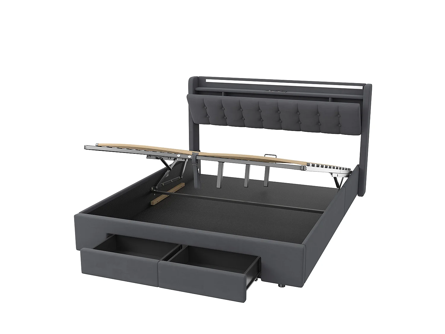 Polsterbett 160x200 cm für Erwachsene mit USB-Anschluss und LED-Licht, 2 Schubladen, Samt, grau