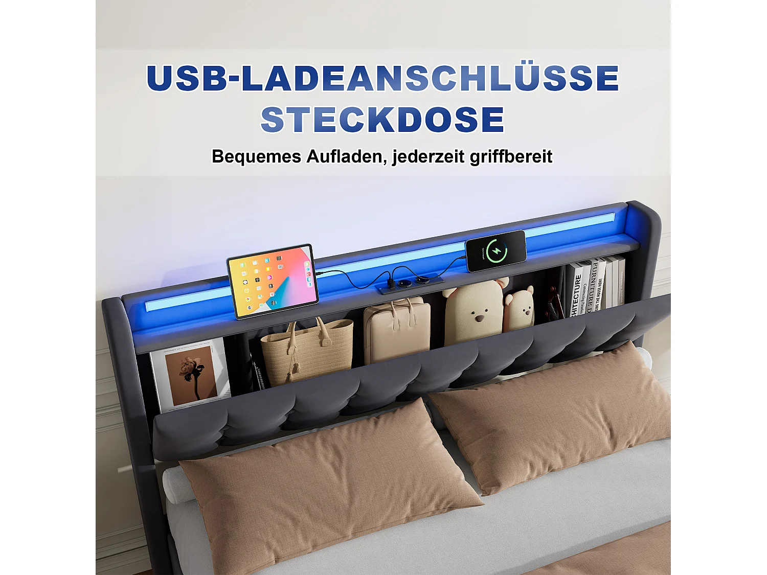 Polsterbett 160x200 cm für Erwachsene mit USB-Anschluss und LED-Licht, 2 Schubladen, Samt, grau