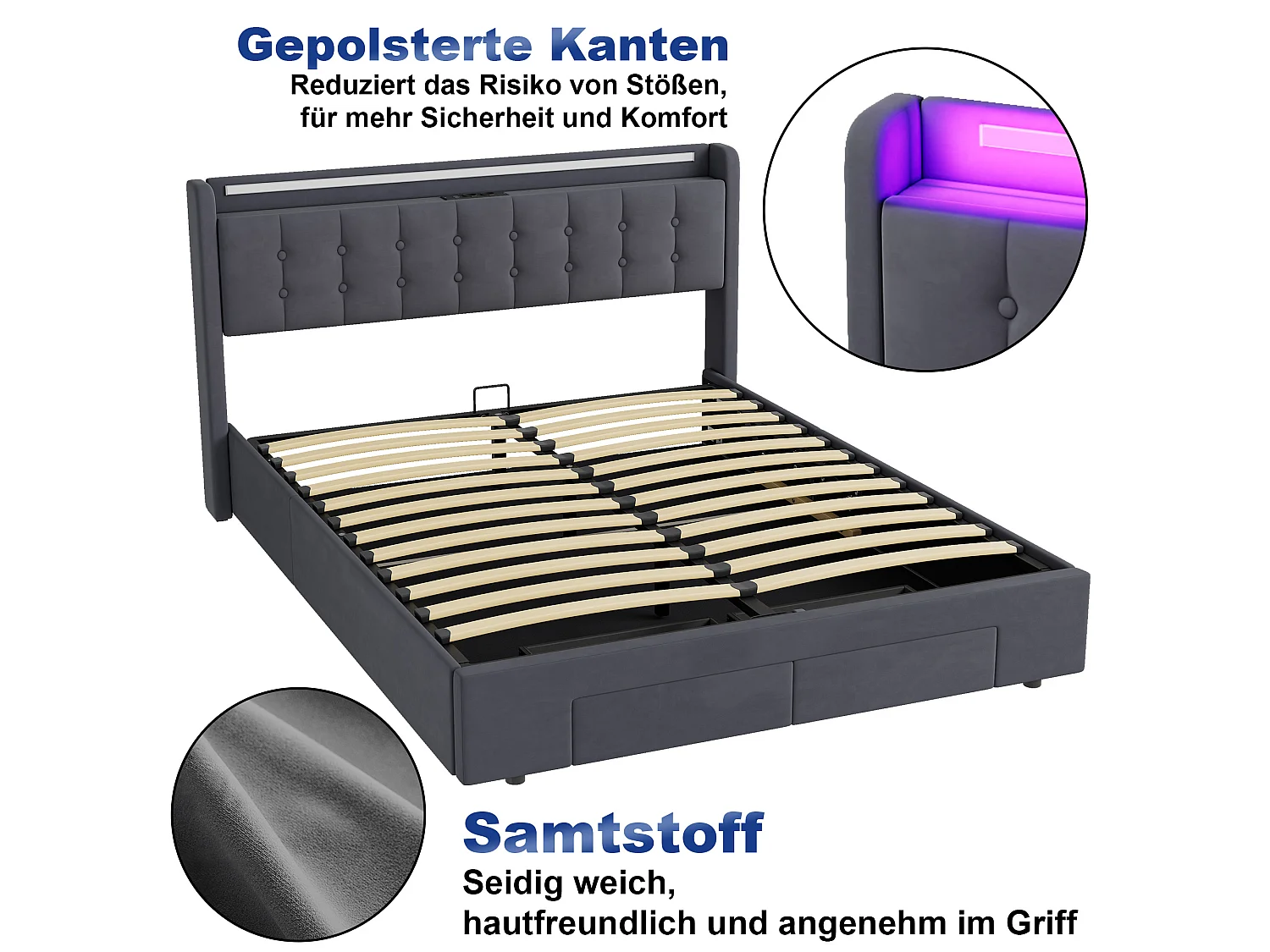 Polsterbett 160x200 cm für Erwachsene mit USB-Anschluss und LED-Licht, 2 Schubladen, Samt, grau