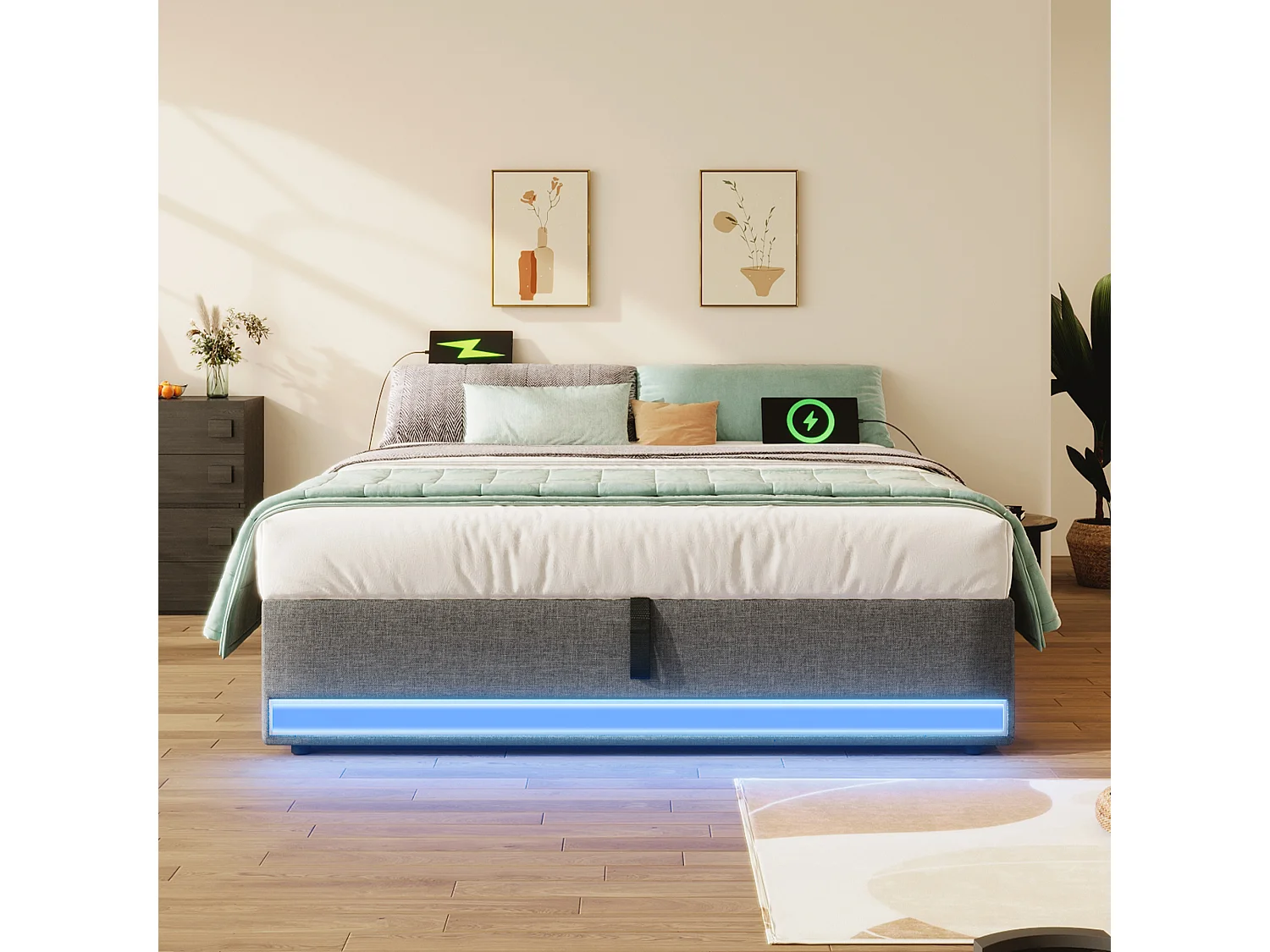 Cama con almacenaje 140 x 200 cm Cama para adultos con iluminación LED y USB, sin cabecero - Lino gris (sin colchón)