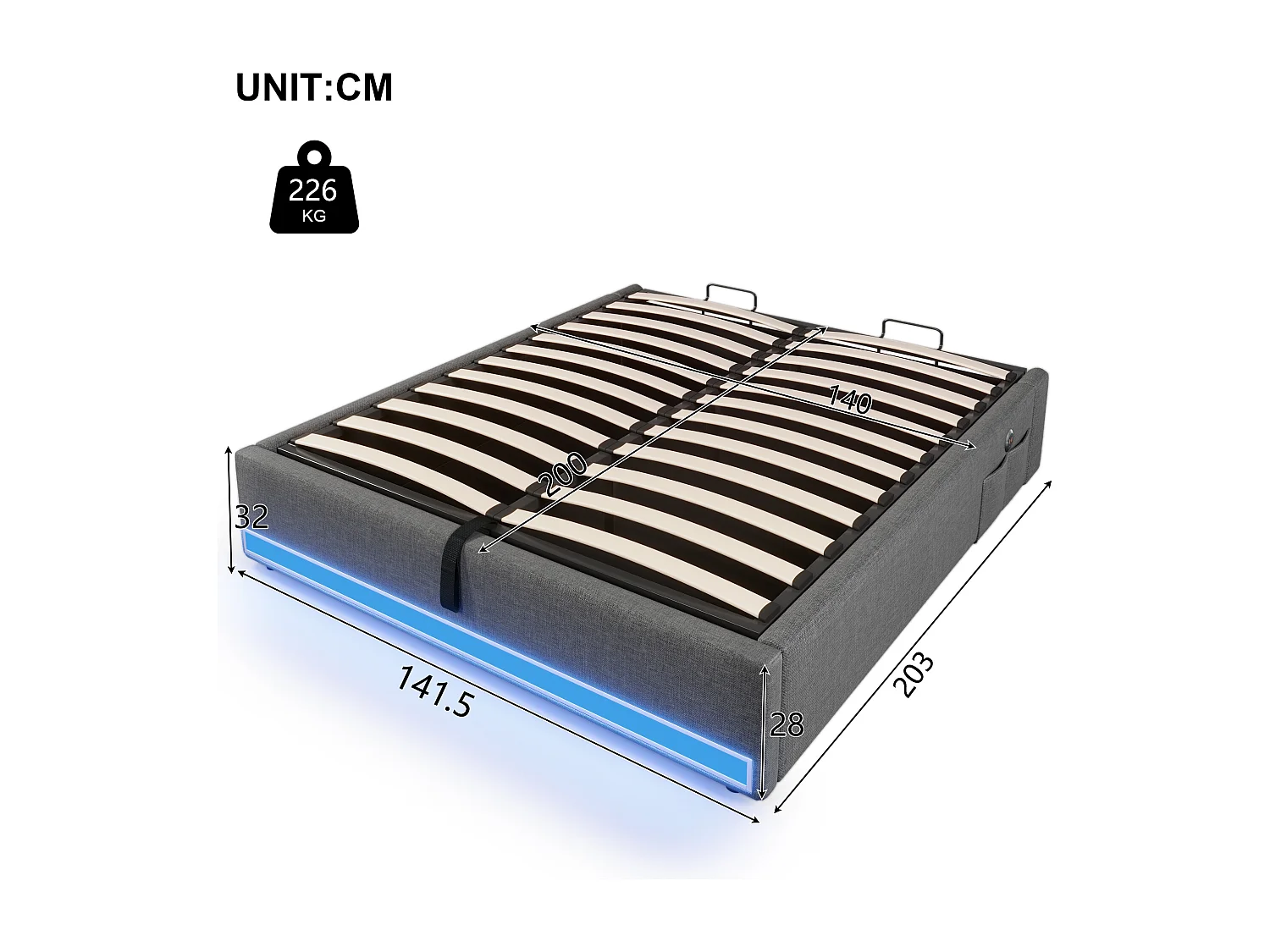 Cama con almacenaje 140 x 200 cm Cama para adultos con iluminación LED y USB, sin cabecero - Lino gris (sin colchón)