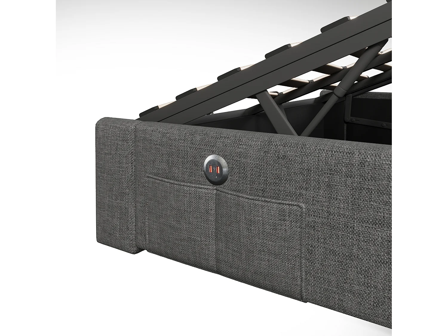 Cama con almacenaje 140 x 200 cm Cama para adultos con iluminación LED y USB, sin cabecero - Lino gris (sin colchón)