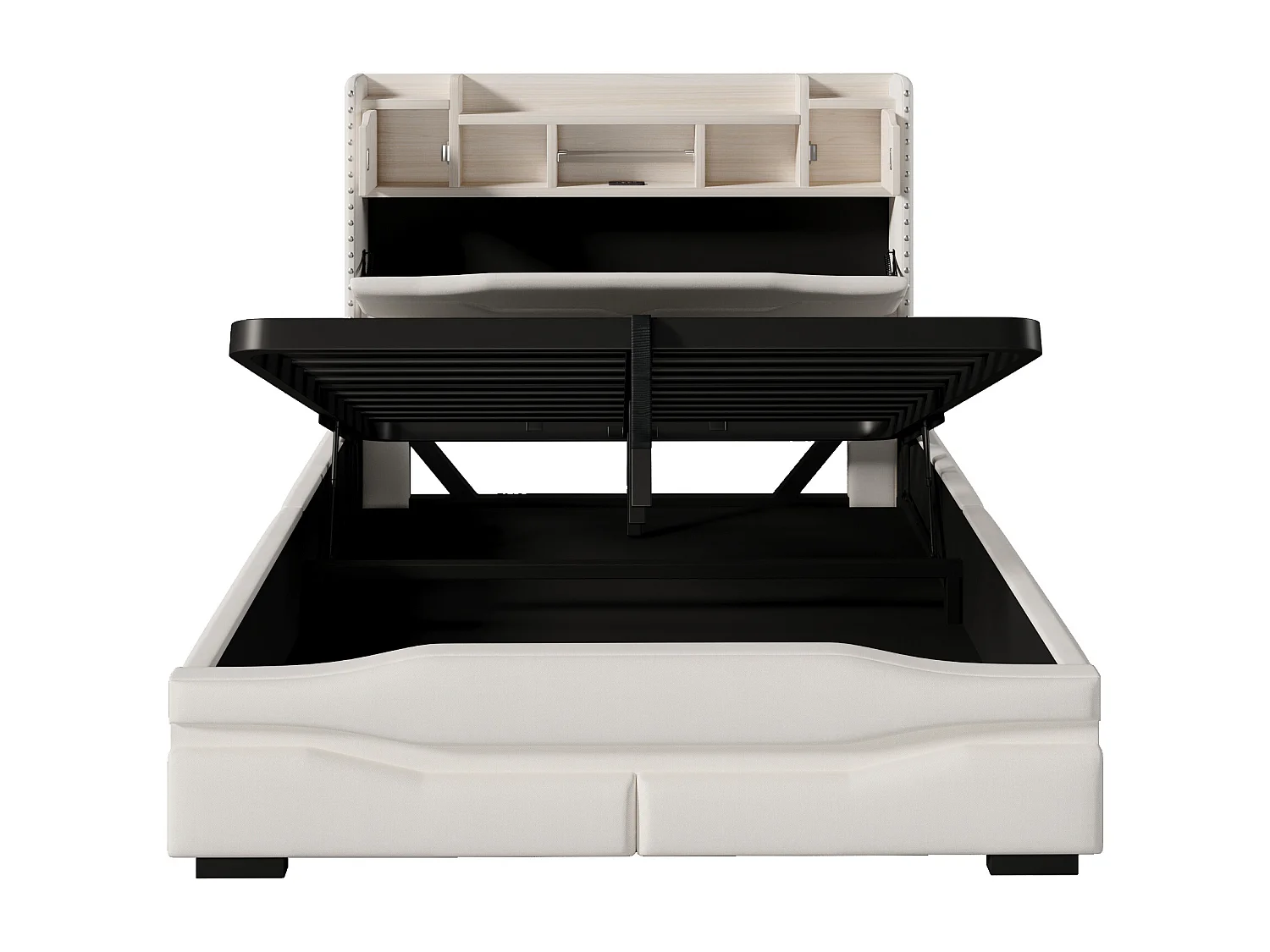 Stauraumbett 140 x 200 cm, Erwachsenenbett mit USB- und LED-Beleuchtung, Kopfteil mit Stauraum – Beige Leinen (ohne Matratze)