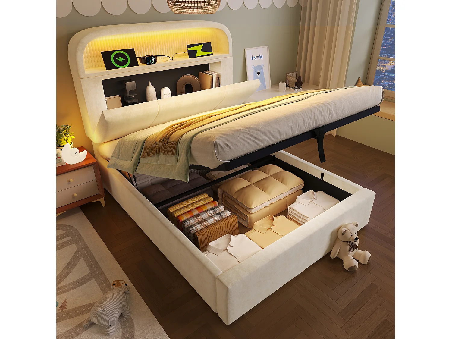 Stauraumbett 90x200 cm, Kinderbett mit verstellbarem Kopfteil, LED und USB – beiger Samt (ohne Matratze)