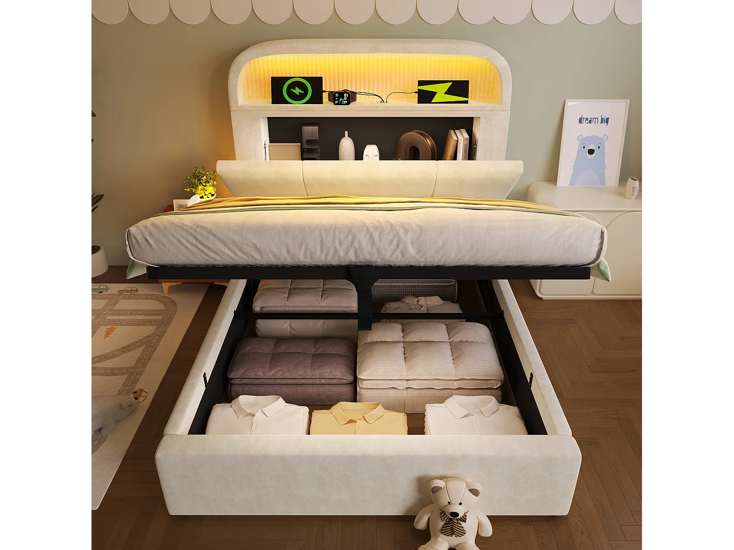 Stauraumbett 90x200 cm, Kinderbett mit verstellbarem Kopfteil, LED und USB – beiger Samt (ohne Matratze)