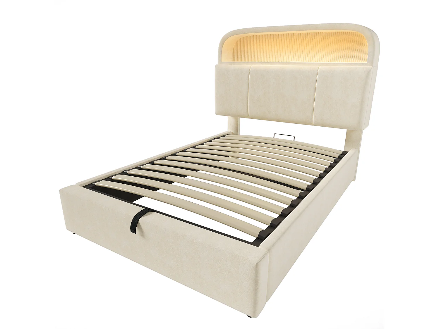 Stauraumbett 90x200 cm, Kinderbett mit verstellbarem Kopfteil, LED und USB – beiger Samt (ohne Matratze)