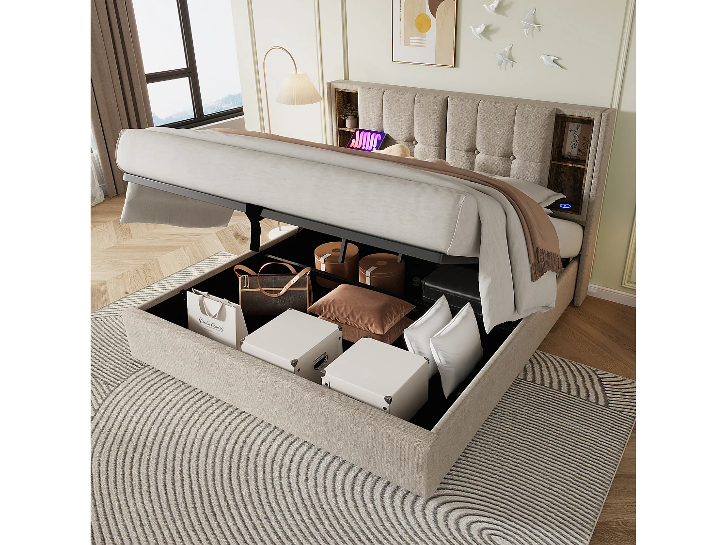lit coffre 140x200 cm - avec tête de lit avec rangement, USB, Type-C, sommier à lattes - en lin - naturel - matelas inclus