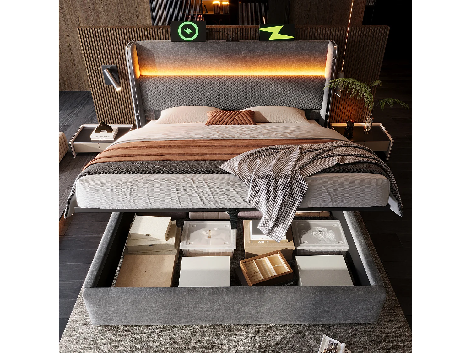Cama con almacenaje 140 x 200 cm Cama para adultos con luces LED y puerto USB, cabecero tapizado - Lino gris (sin colchón)