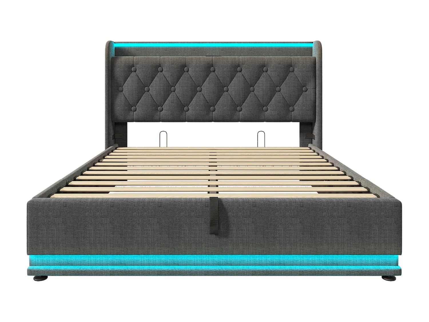 Lit coffre 140x200 cm, lit adulte avec éclairage LED et port USB Type-C - lin gris (sans matelas)