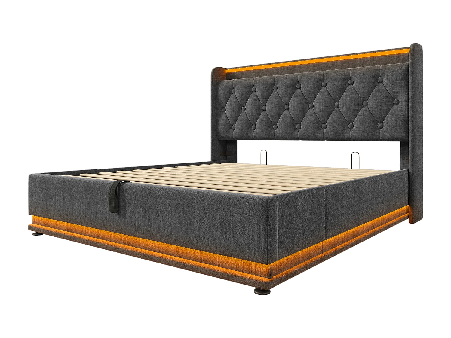 Lit coffre 140x200 cm, lit adulte avec éclairage LED et port USB Type-C - lin gris (sans matelas)