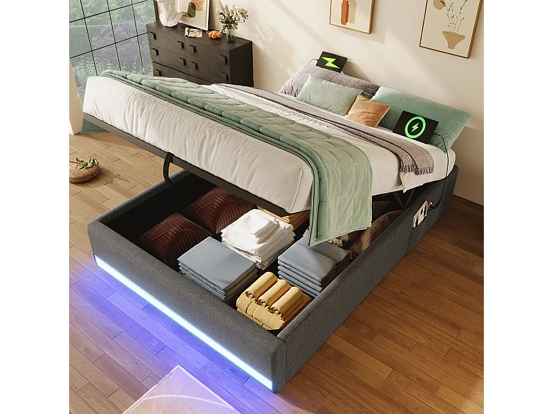 Opbergbed 90x200 cm Kinderbed met ledverlichting en USB, zonder hoofdbord - Grijs linnen (zonder matras)