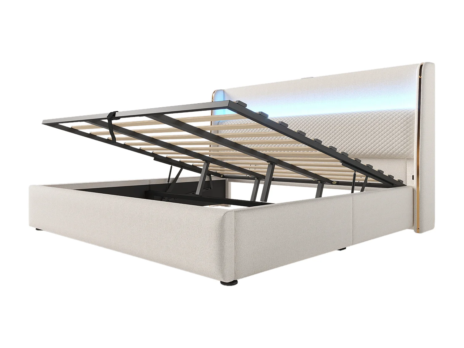 Lit coffre 180x200 cm Lit double avec LED et port USB, tête de lit capitonnée - Lin beige (sans matelas)