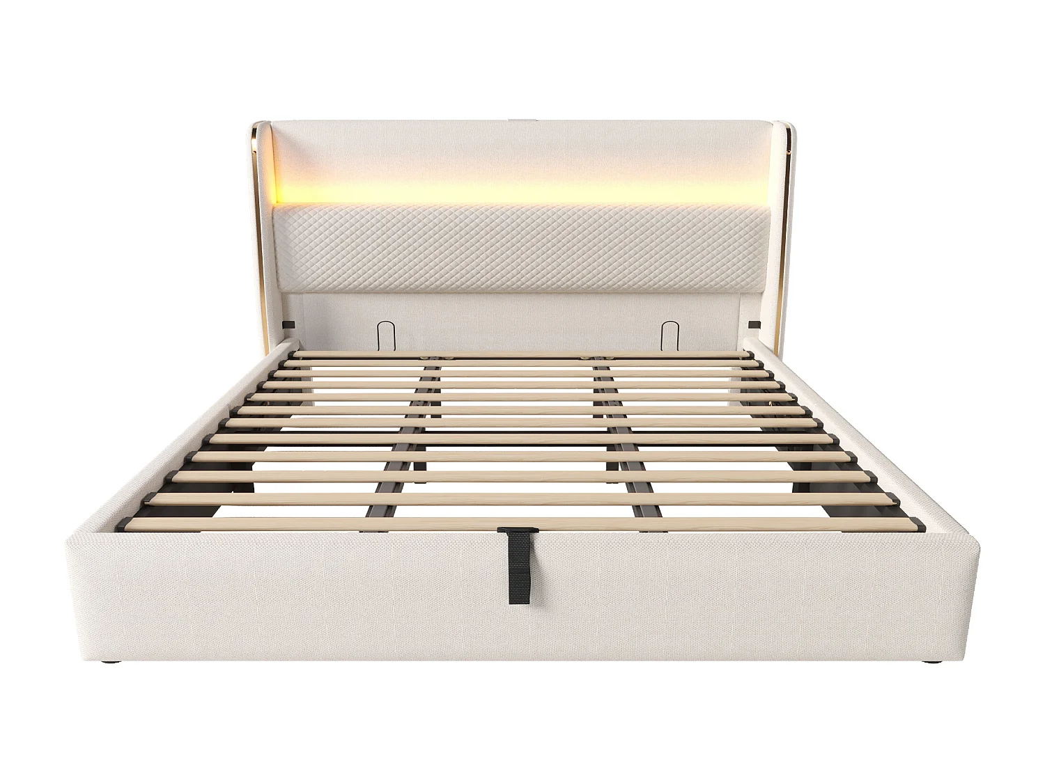 Lit coffre 180x200 cm Lit double avec LED et port USB, tête de lit capitonnée - Lin beige (sans matelas)